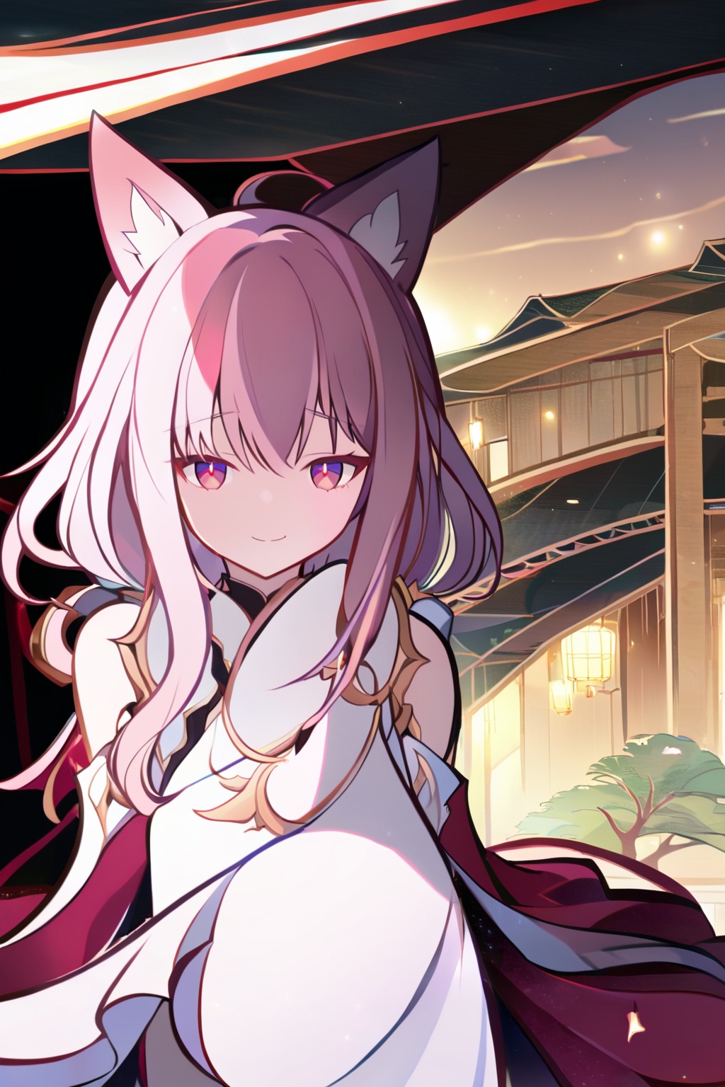 (((masterpiece))),(illustration:1.3),(((best quality))),amazing,detailed unity 8K CG wallpaper,ultra detailed,((1 14_years_old girl:1.1)),((fox girl)),(fox_ears),cowboy shot,long delicate_and_intricate white hair and white marble glowing skin,long hair,solo,beautiful pony_tail,beautiful glowing red eyes,delicate_and_intricate face,flowers on face,growth,nature,beautiful face,zoom in on eyes,standing,smile,(shy),(gorgeous [Gothic_Lolita:kimono:0.6] chiya),super detailed clothes,(extremely detailed background),torii,garden,stone brick road,fallen sakura_petals,pink_sakura_trees,spring,detailed sky and cloud,best lighting,sunburst,outline_shadow,incredibly_absurdres,<lora:liyueFP8-000002:1>,