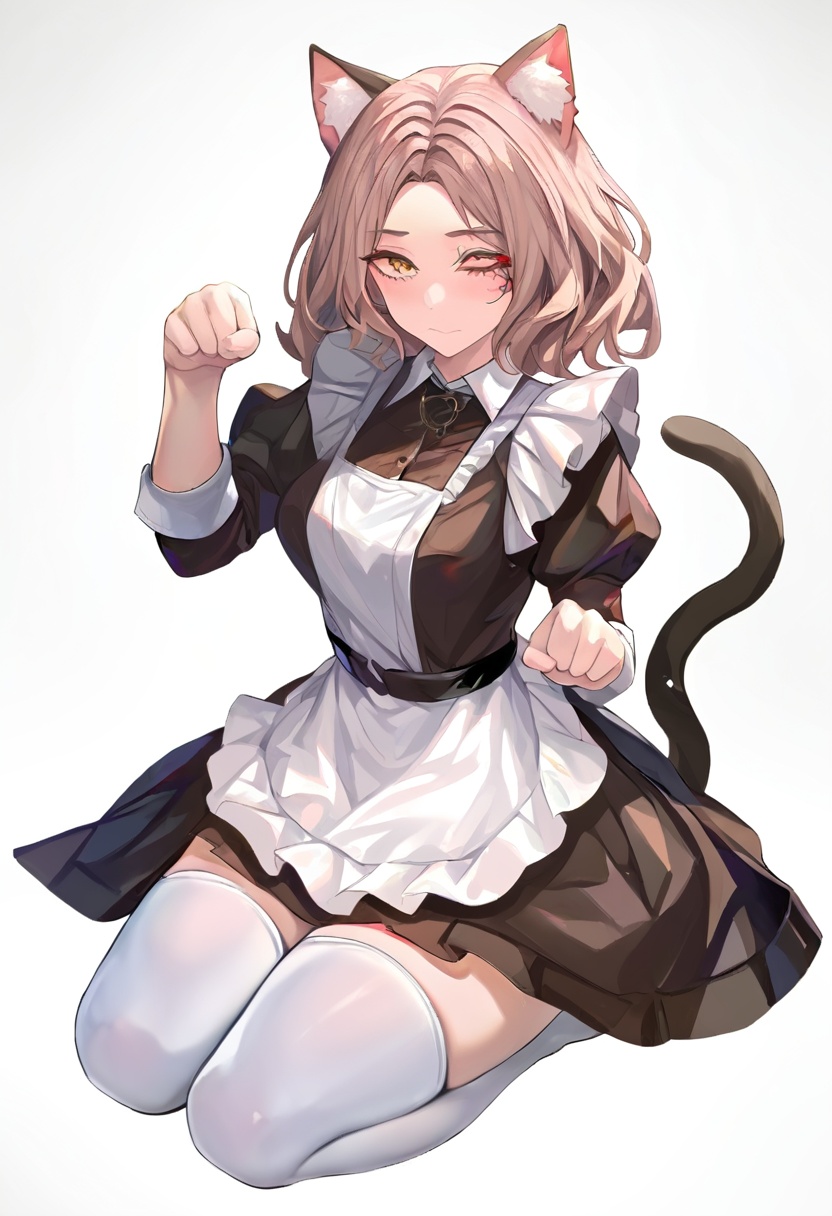 <lora:mln_v1.2-000016:1>, 1girl, short brown hair, yellow eyes, black facial tatto, one eye closed,animal ears, cat ears, tail, cat tail, white thighhighs, paw pose, white background, apron, simple background, sitting, maid, puffy sleeves, looking at viewer, black dress, cat girl, juliet sleeves, white apron, full body, maid apron, seiza, breasts, closed mouth, animal ear fluff, frills, no shoes, medium breasts, collared dress, zettai ryouiki(azuuru:1.1), (torino aqua:1.2), (azuuru:1.1), kedama milk, fuzichoco, ask \(askzy\), chen bin, atdan, hito, mignon,masterpiece, best quality, newest, absurdres, nsfw, explicit