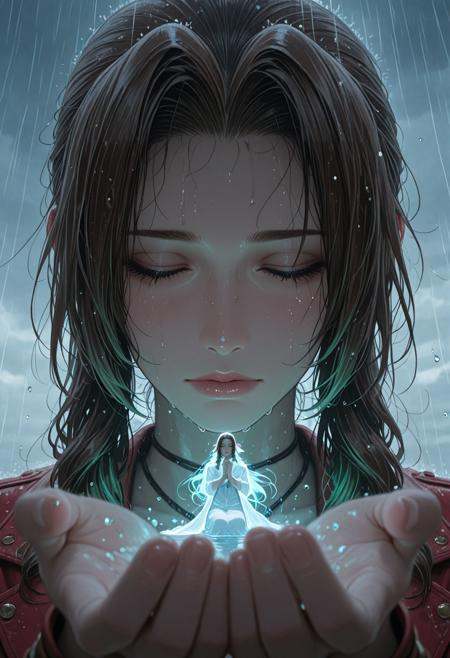 masterpiece, best_quality, amazing quality, newest, illustration, anime screencap,  vibrant anime image, subject focus, line art, foggy, cold, cold weather, heavy rain, (water droplets, slow motion, time stop:1.1), surreal background, ethereal sky, cloudy sky, fantasy sky, dramatic lighting, cinematic look, reflection, realistic, anime screencap, anime coloring, clos_pers, close-up, perspective, masterpiece, very aesthetic, absurdres, water drop, masterpiece, best quality, amazing quality, very aesthetic, masterpiece, best quality, amazing quality, very aesthetic, detailed eyes, perfect eyes, realistic eyes, from below, aerith_gainsborough, green aura surrounding, blue ethereal, praying, intense focus, joined hands, closed eyes, kneeling down, raindrops, droplets,