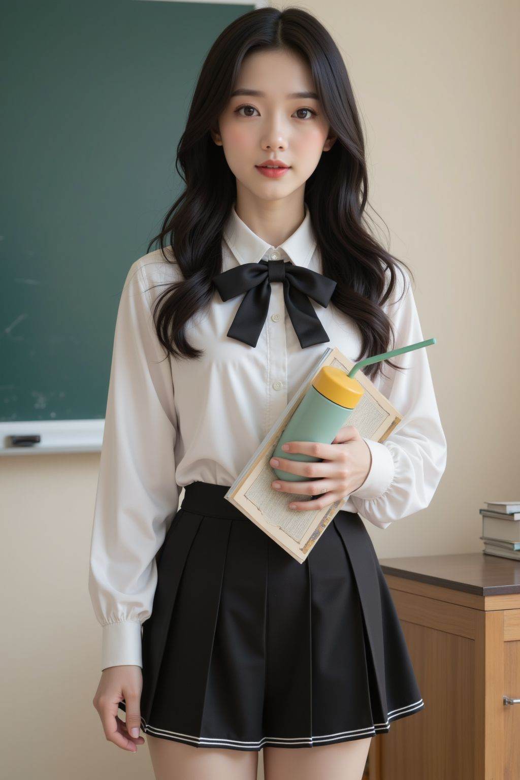 This is a photograph of a young Asian woman standing in a classroom setting. She has long, wavy black hair that cascades past her shoulders and a fair skin tone. She is wearing a white, long-sleeved blouse with a black, oversized bow tie at the neck, complemented by a black pleated mini-skirt with white trim around the hem. Her outfit gives her a schoolgirl or uniform look. She is holding a large, yellow and green thermos with a straw in her left hand and an open book in her right hand, which she is holding close to her chest. The book appears to be a textbook or a notebook. In the background, there is a green chalkboard on the left side of the image and a wooden desk with a few items, including a small stack of books and a pencil holder, on the right side. The walls are a light beige color, and the lighting is bright, suggesting it is daytime. The overall setting and her attire suggest she is a student or a teacher, possibly giving a lecture or presentation. The image has a clear and sharp focus, capturing the details of her outfit and the classroom environment.