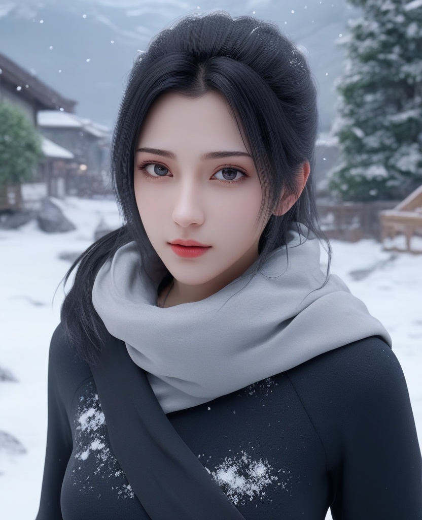 <lora:577-DA-XL-斗破苍穹-云韵-黑服:0.8>(,1girl, ,best quality, ),looking at viewer,masterpiece, (( , )),, realistic,science fiction,mole, ultra realistic 8k cg, ,outdoors, snow, snowing,