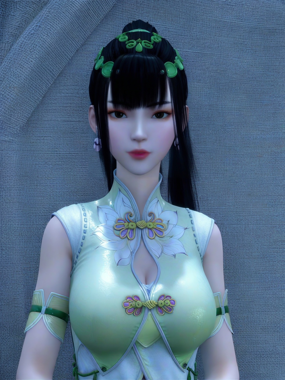 score_9,1girl,solo,standing,bangs,hair ornament,earrings,chinese clothes,dress,breasts,black hair,large breasts, lipstick,long hair,looking at viewer,upper body,<lora:SF_ChenYue_Pony_Realism2.3-000004:0.72>,