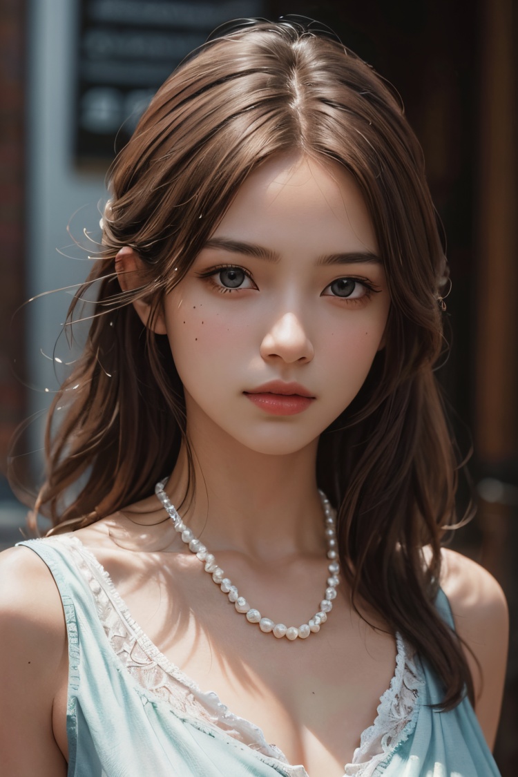 a girl,lateral face,wearing a pearl necklace,brown hair,highest quality,best quality,masterpiece,realistic,masterpiece,realistic,Highly detailed,