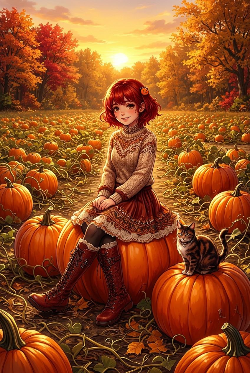 tot_halloweenaa This digital anime-style drawing depicts a young girl with short red hair sitting on a pumpkin in a pumpki...