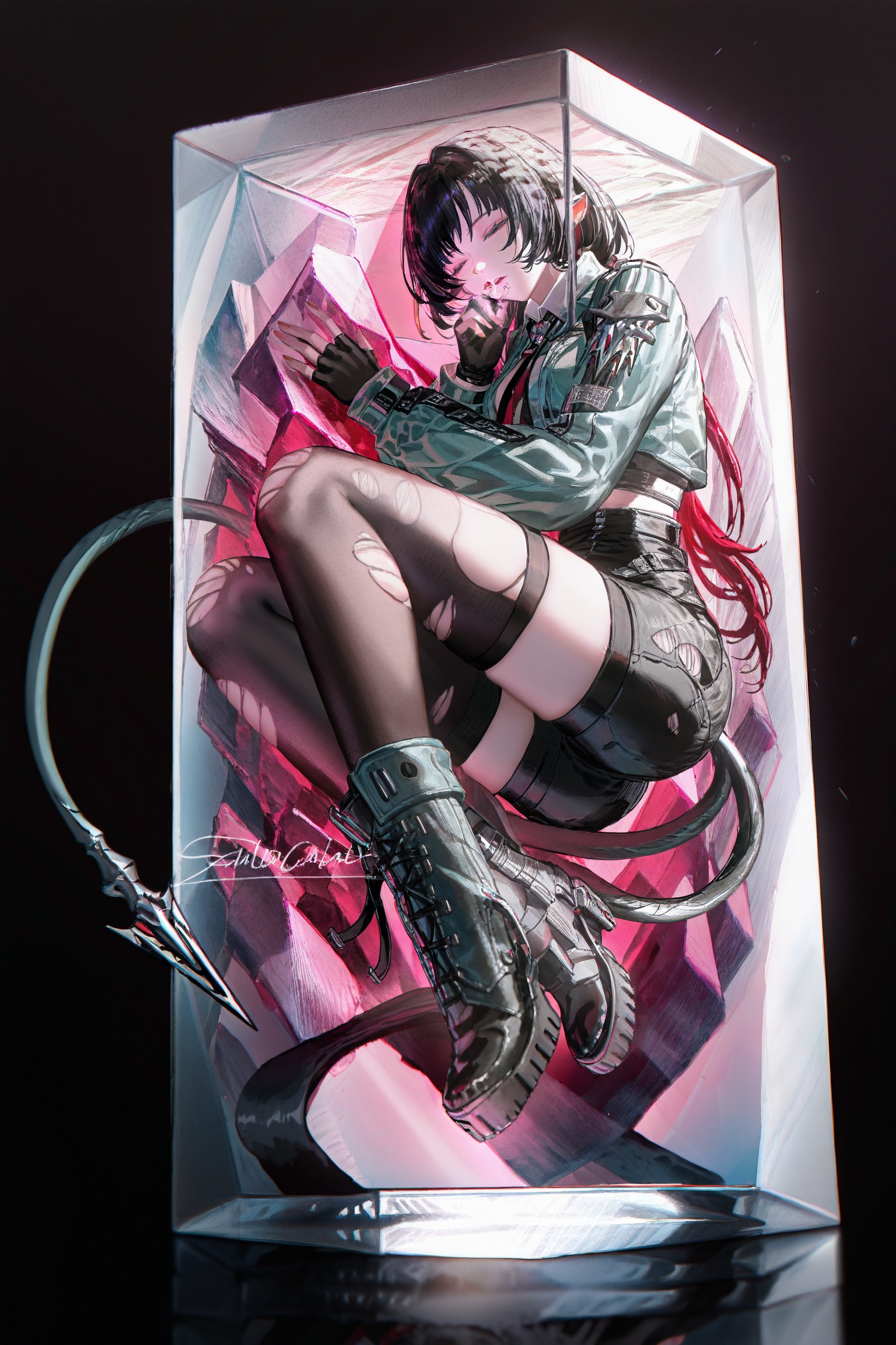 artist:nixeu,artist:john kafka,artist:wanke,artist:fuzichoco,artist:quasarcake,lonesomnia,original,highres,<lora:jijia-gnoobv-Tanger-000010:0.7>,jijia,2d,anime,1girl,1girl,black_background,closed_eyes,fetal_position,frutiger_aero,shadow,solo,transparent trapped,full_body,(trapped in crystal:1.2),large crystal,<lora:jiandoe-noob-Tanger:0.8>,jiandoe,tail,pointy ears,default clothes,green jacket,1girl,black hair,torn clothes,gloves,fingerless gloves,shorts,torn  pantyhose,suspenders,necktie,sling,