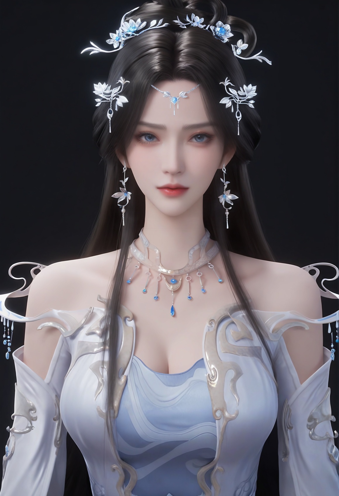 (score_9),<lora:安秒依-apony:0.82>,anmiaoyi,long hair,black hair,hair ornament,hair bun,updo,earrings,forehead jewel,necklace,bare shoulders,dress,long sleeves,jewelry,light blush,blue eyes,looking at viewer,front view,1girl,solo,(mature_female),<lora:Expressive_H-000001:0.8>,collarbone,(glamor:1.2),((beckoning)),(white_skin),(fair_skin:1.1),<lora:e肤色滑块:0.35>,ultra-detailed skin texture,detailed textures,BREAKsimple background,(black background),