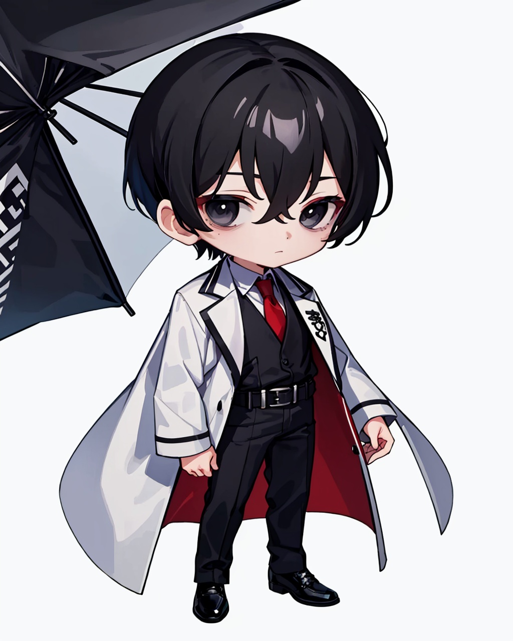 masterpiece,best quality, highly detailed, 1boy,black jacket,black pants,collared shirt,male focus,red necktie,white shirt,yi sang (project moon),black footwear,black vest,chibi,full body,simple background,white background,closed mouth,coat on shoulders,long sleeves,solo,standing,black belt,formal,looking at viewer,<lora:yi_sang_(project_moon):1>