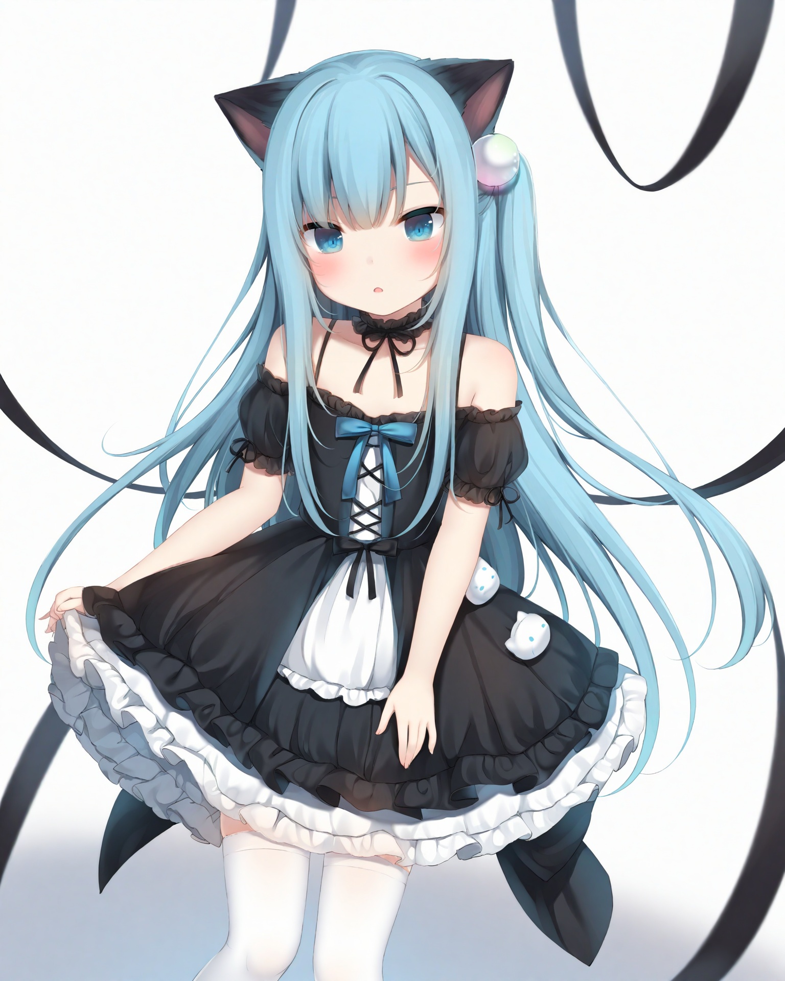 Best-A, amashiro_natsuki, NekohaShizuku_\(amashiro_natsuki\), 1girl, solo, standing, looking_at_viewer, white_background, blue_hair, very_long_hair, bangs, one_side_up, hair_ornament, animal_ears, cat_ears, blue_eyes, blush, parted_lips, gothic_lolita_dress, black_dress, white_lace_trim, puffy_short_sleeves, ruffles, bow, ribbon, white_petticoat, lace_choker, black_ribbon, bare_shoulders, collarbone, white_thighhighs, thighhighs, black_shoes, mary_janes, full_body, frills, lace,paw_in_eyes,