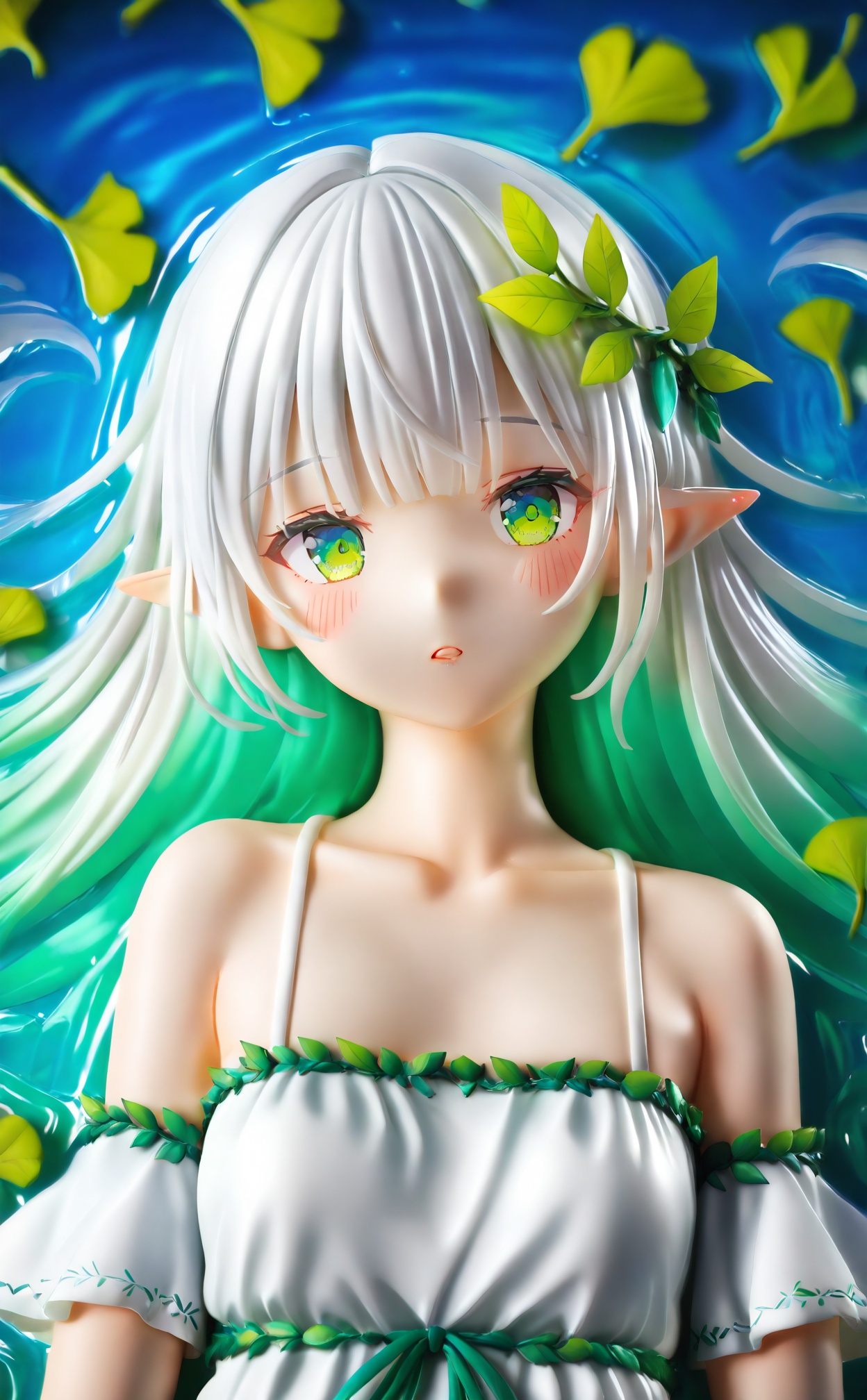 masterpiece,absurdres,best quality,high quality,chromatic_aberration,//,1girl,pointy_ears,green_eyes,solo,dress,looking_at_viewer,green_hair,lying,on_back,multicolored_hair,long_hair,white_dress,elf,leaf,water,bare_shoulders,collarbone,white_hair,upper_body,parted_lips,colored_inner_hair,multicolored_eyes,ripples,blush,detached_sleeves,hair_ornament,grey_hair,spaghetti_strap,two-tone_hair,afloat,short_sleeves,//,Cinematic Lighting,depth_of_field,pastel colors,subsurface scattering,blurry,//,<lora:PVC8——【CKXL】hans:0.88>,