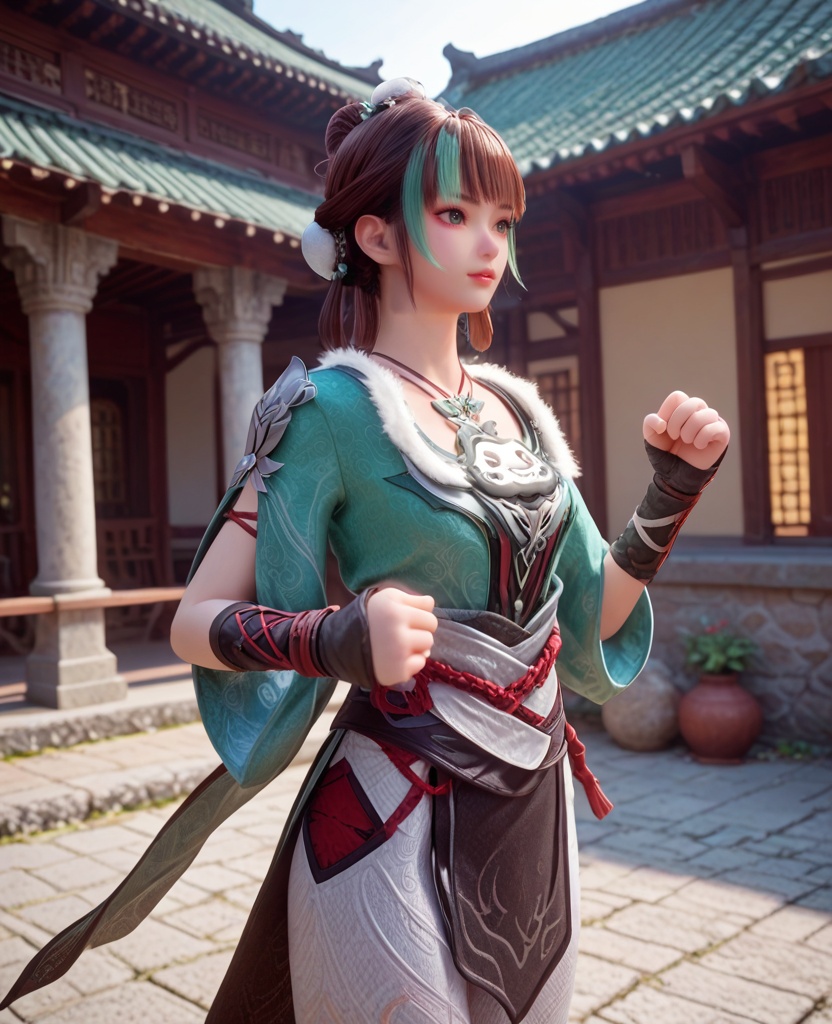 (oriental architecture, elegant decor, sophisticated style:1.1),(boxing:1.1),(breasts:1.2),<lora:XL宗门卧底苏灵儿:0.95>,miss sulinger,green topwear,fur trim,sash,stretch cropped pants,pelvic curtain,fart curtain,necklace,green eyes,brown hair,bangs,streaked hair,bun cover,wrist guards,, score_9,score_8_up,score_7_up,score_6_up,score_5_up,score_4_up,3d rendering,tag1,tag2, Cinematic Lighting,backlighting,