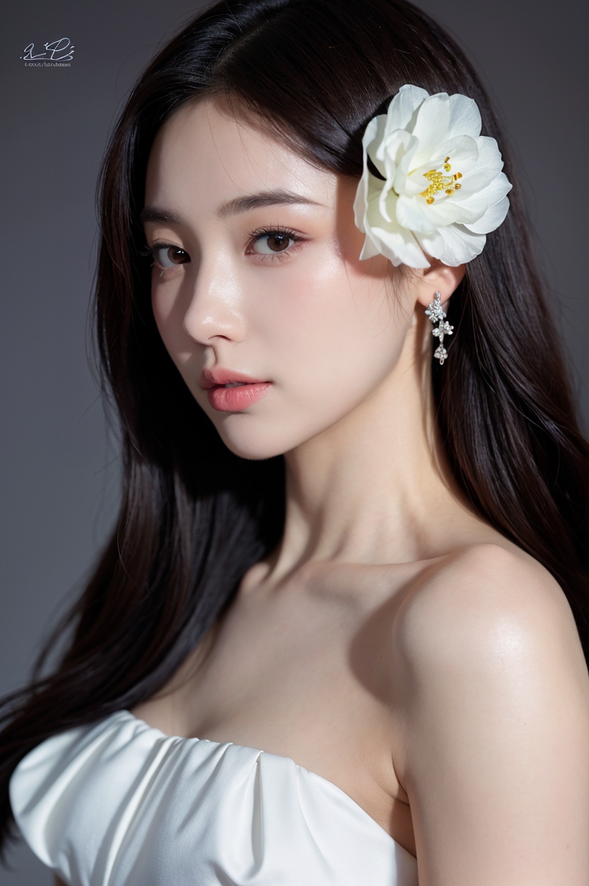 1girl, solo,(front view:1.2),(looking_at_viewer:1.4),(eye-contact:1.4),,black hair, long hair, jewelry, realistic, earrings, hair ornament, black eyes, lips, collarbone, parted lips, flower, watermark, upper body, portrait, hair flower, dress, web address,  <lora:YG红颜阁美女2:0.75>,