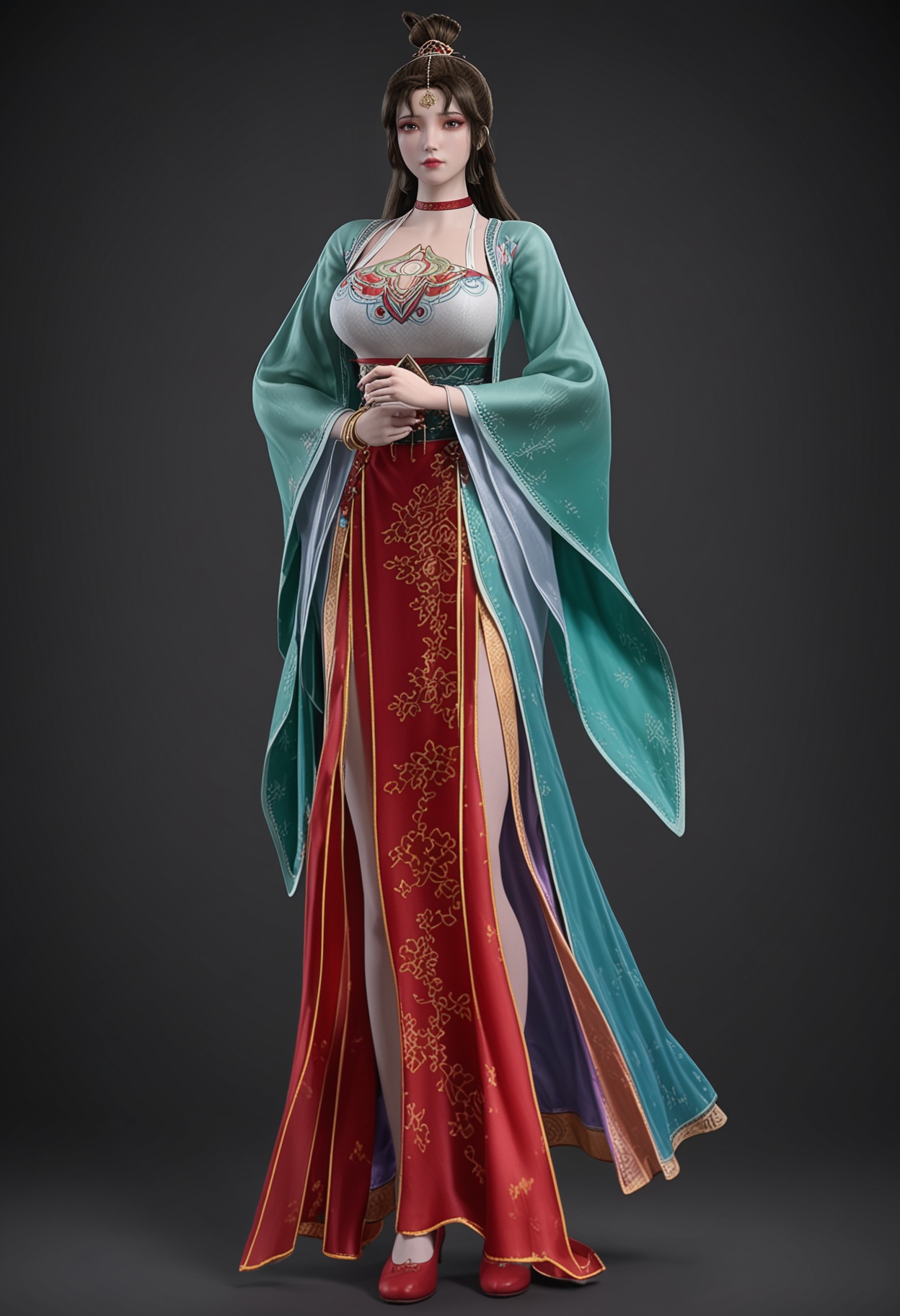 (gigantic breasts:0.6),(standing full_body:1.1),(looking at viewer:1.1),facing viewer,direct gaze,<lora:YQ_pony_yunmo_V4:0.8>,q1528437228,1girl,solo,black hair,long hair,choker,red choker,hair ornament,dress,chinese clothes,long sleeves,jewelry,forehead mark,bracelet,wide sleeves,hair bun,brown hair,mole under eye,brown eyes,eyeshadow,red footwear,BREAK simple background,pure black background,black background,perfect anatomy,