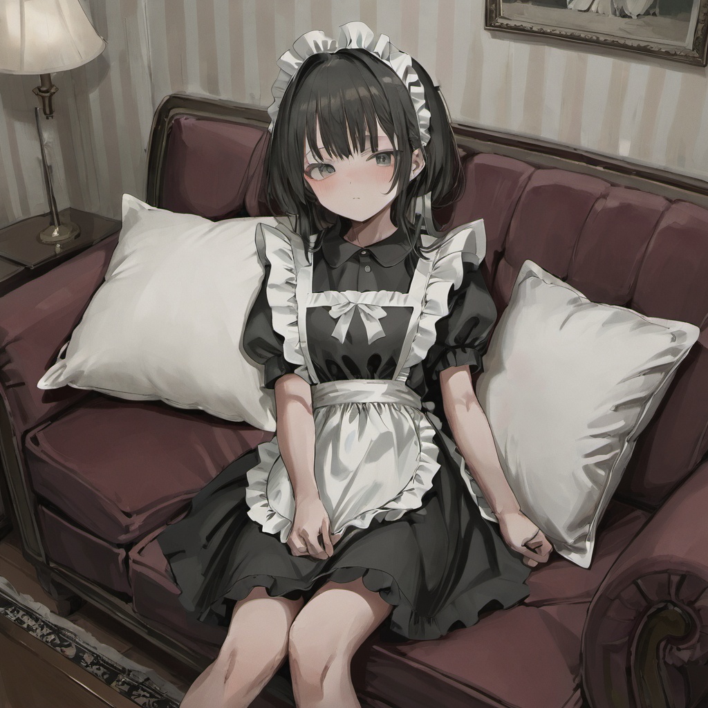 yishi style,loli,maid,dress,black dress,maid apron,pillow,on couch,<lora:yishi_style_v3:0.7>,