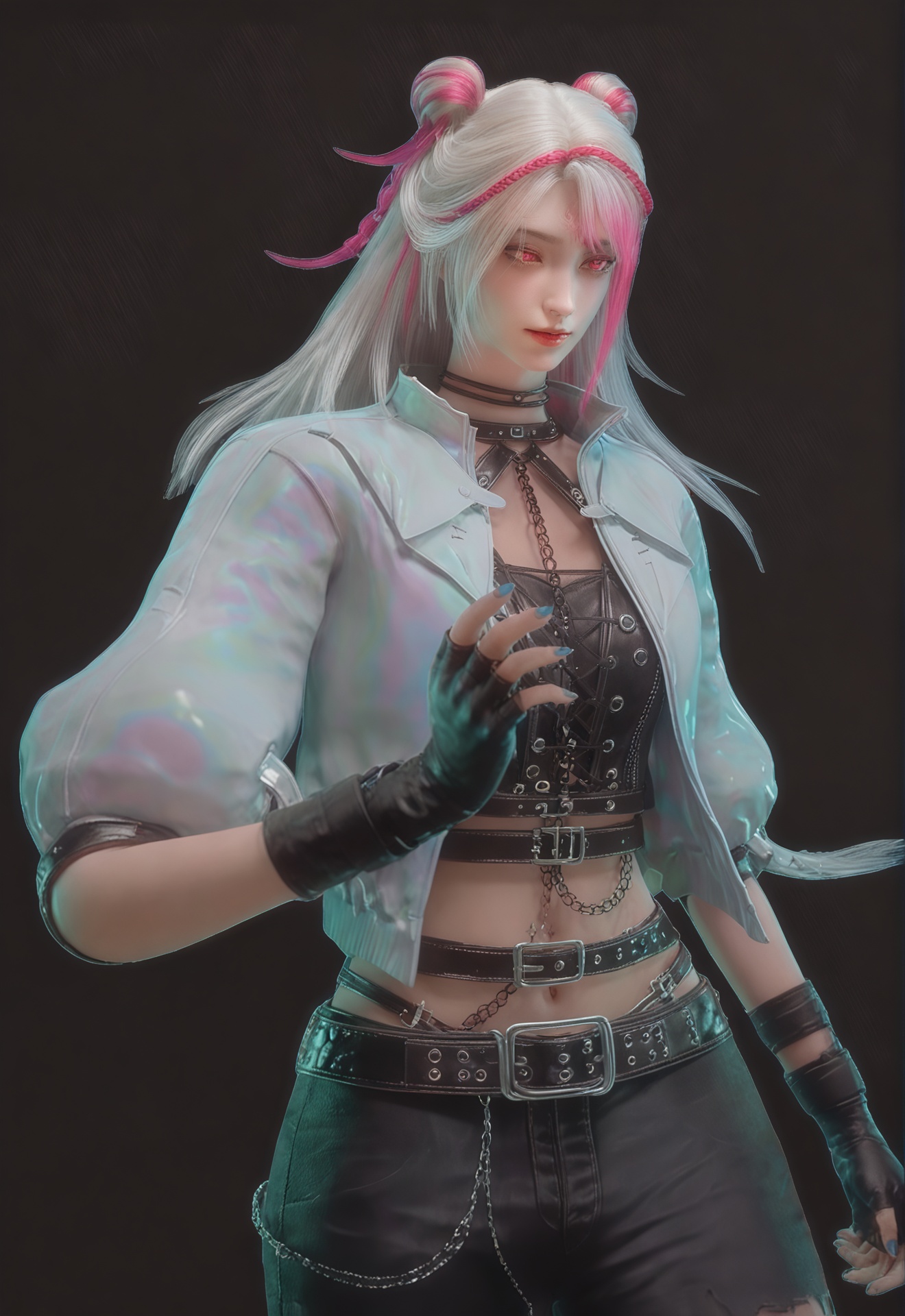 score_9,<lora:南小橙8轮:1>,1girl,solo,gloves,fingerless gloves,chain,pink hair,multicolored hair,belt,navel,midriff,jacket,long hair,piercing,black background,double bun,torn clothes,pink eyes,white hair,pants,black gloves,choker,red eyes,hair bun,simple background,
