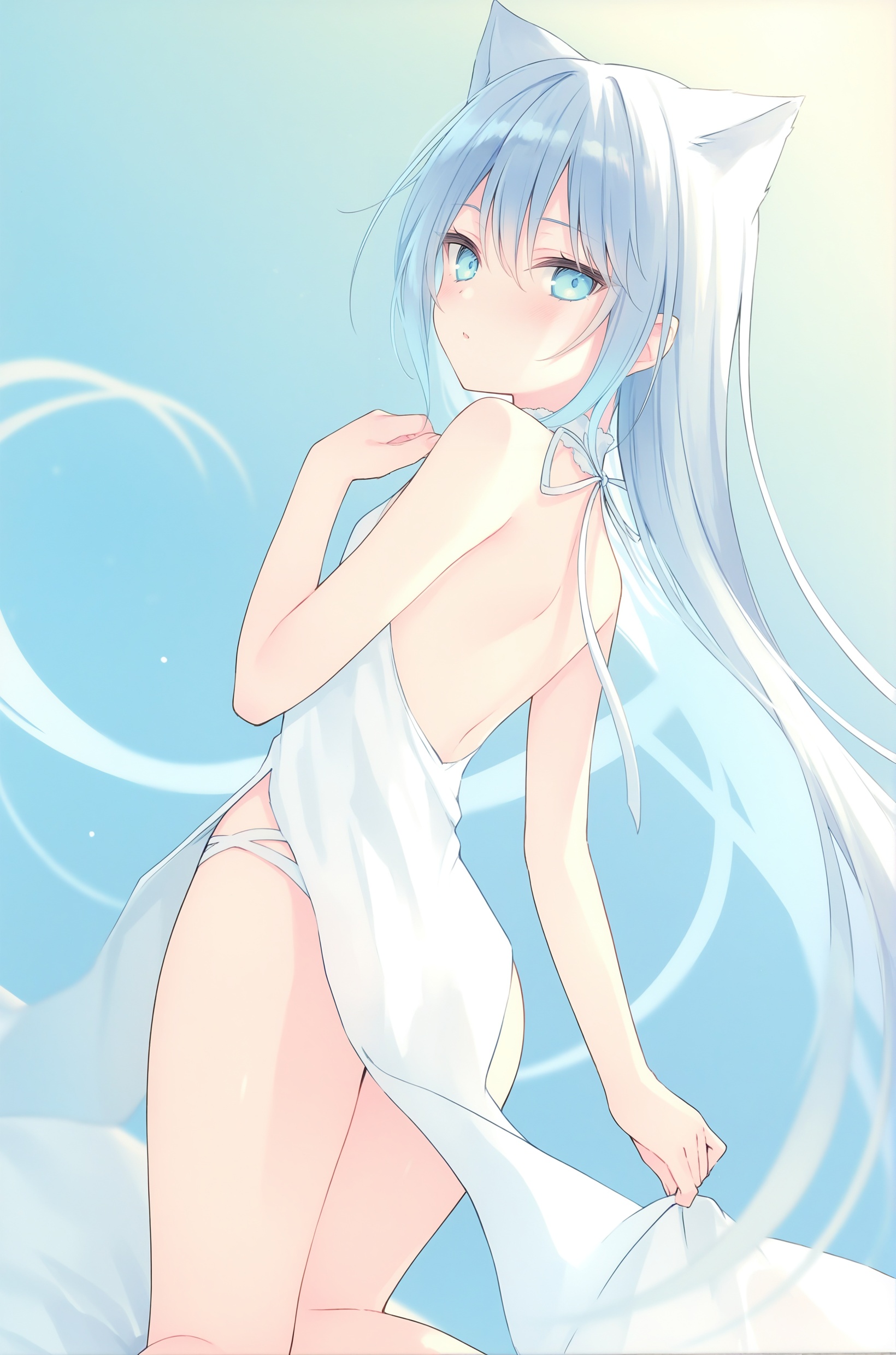 rurudo,1girl,solo,dress,blue eyes,blue hair,animal ears,long hair,white dress,ass,sleeveless dress,cat ears,bare shoulders,looking at viewer,parted lips,bangs,bare arms,sleeveless,looking back,very long hair,hair between eyes,from behind,pelvic curtain,blush,bed sheet,gradient background,cat girl,blue background,feet out of frame,