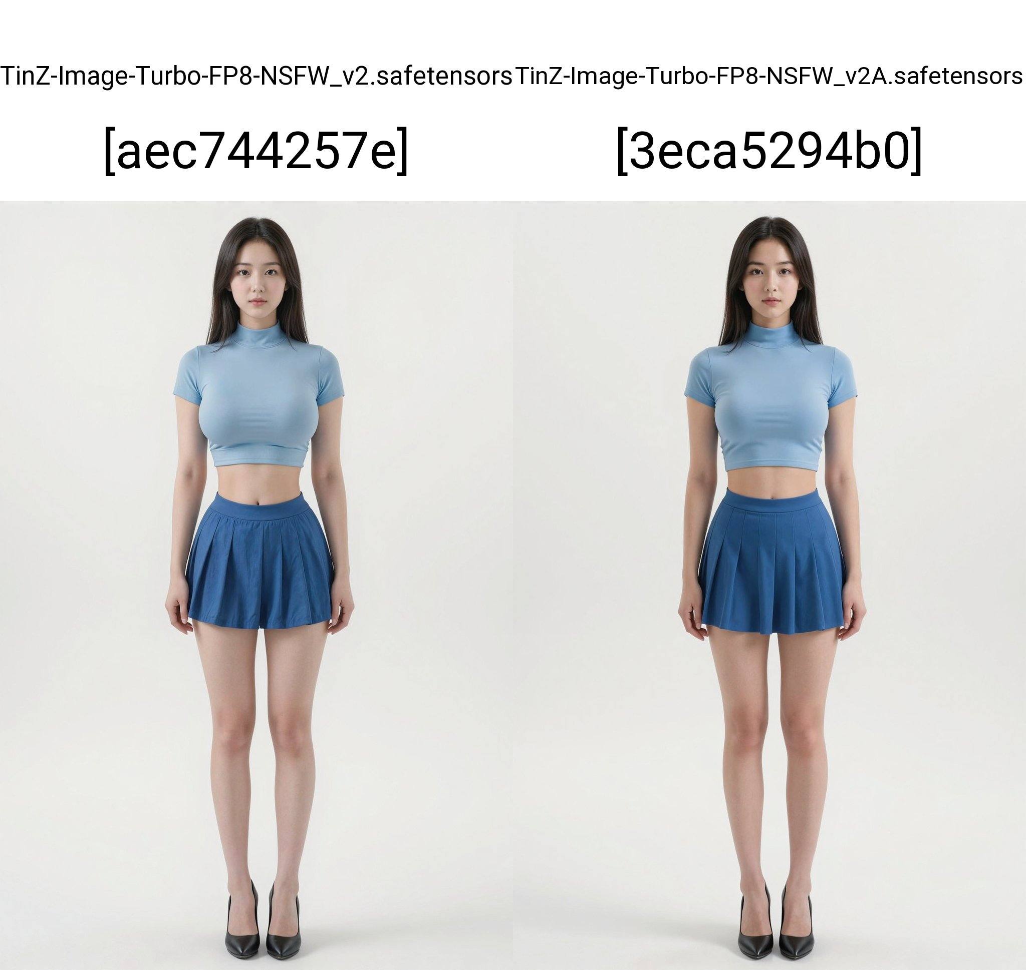 HDR photo of cinematic film still, large breasts, extremely slim waist, long legs, stand at attention, Long-distance full-body photo, A young woman. She has fair skin and long, straight, shoulder-length black hair. Her arms hang naturally at her sides. She wears a fitted, light blue short-sleeved high-necked crop top, paired with a blue pleated skirt, black high heels. The background is a clean, bright white.