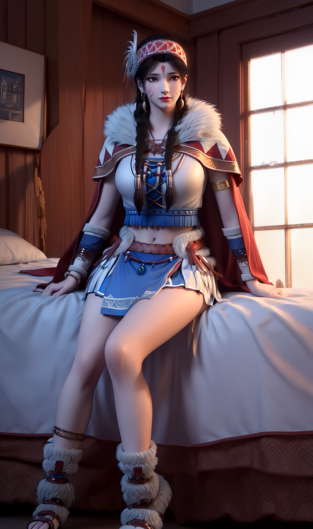 3D,masterpiece,(best quality),(makeup),official art, extremely detailed cg 8k wallpaper,((crystalstexture skin)), (extremely delicate and beautiful),(highly detailed),(face),(twin_braids),(headdress),(feather_hair_ornament),(headband),(facial_mark),(feather_trim),(1girl), (solo), (jewelry), (earrings),(black_hair),(long_hair),(hair_ornament),(handwear),(breasts),(sitting),((full_body,whole_body)),(long_legs),(closed_mouth),(skirt),(chinese_clothes),(dress),,(multicolored_clothes),(multicolored_dress),(shiny_clothes),(city,indoor,bed),(wristband),(navel),(fur),(ribbon),(fur-trimmed_cape),(cloak),,((looking_at_viewer)),((Facing the camera)),(shoes), (blue_footwear),(gold_footwear),(sandals), (anklet),(boots), (toeless_legwear),(toeless_footwear), , <lora:hipoly3DModelLora_v10:0.3>