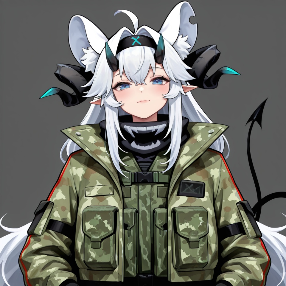 masterpiece, best quality,grey background,looking at viewer,SOLO,simple background,  dajiaoshu_style,shuangweihuixing,rat ears,horns,blue eyes,animal ears,closed mouth,ahoge,white hair,2 tails,animal ear fluff,demon tail,demon horns,long hair,gloves,jacket,hairband,black gloves,virtual youtuber,camouflage,camouflage jacket<lora:gouhui-1.0:0.8>