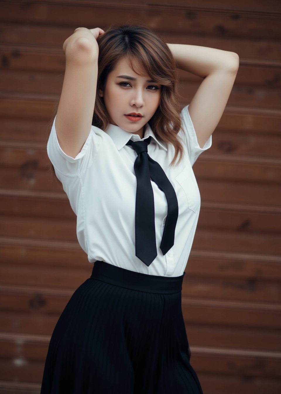 The image is a portrait of a young woman standing in front of a wooden wall. She is wearing a white collared shirt with a black tie and a black pleated skirt. Her hair is styled in loose waves and she is looking directly at the camera with a serious expression. Her arms are raised above her head and her hands are resting on her head. The overall mood of the image is serious and edgy.,