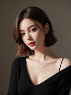 breathtaking instagram photo, photo of 23 y.o Chloe in black sweater, cleavage, pale skin, (smile:0.4), hard shadows . award-winning, professional, highly detailed