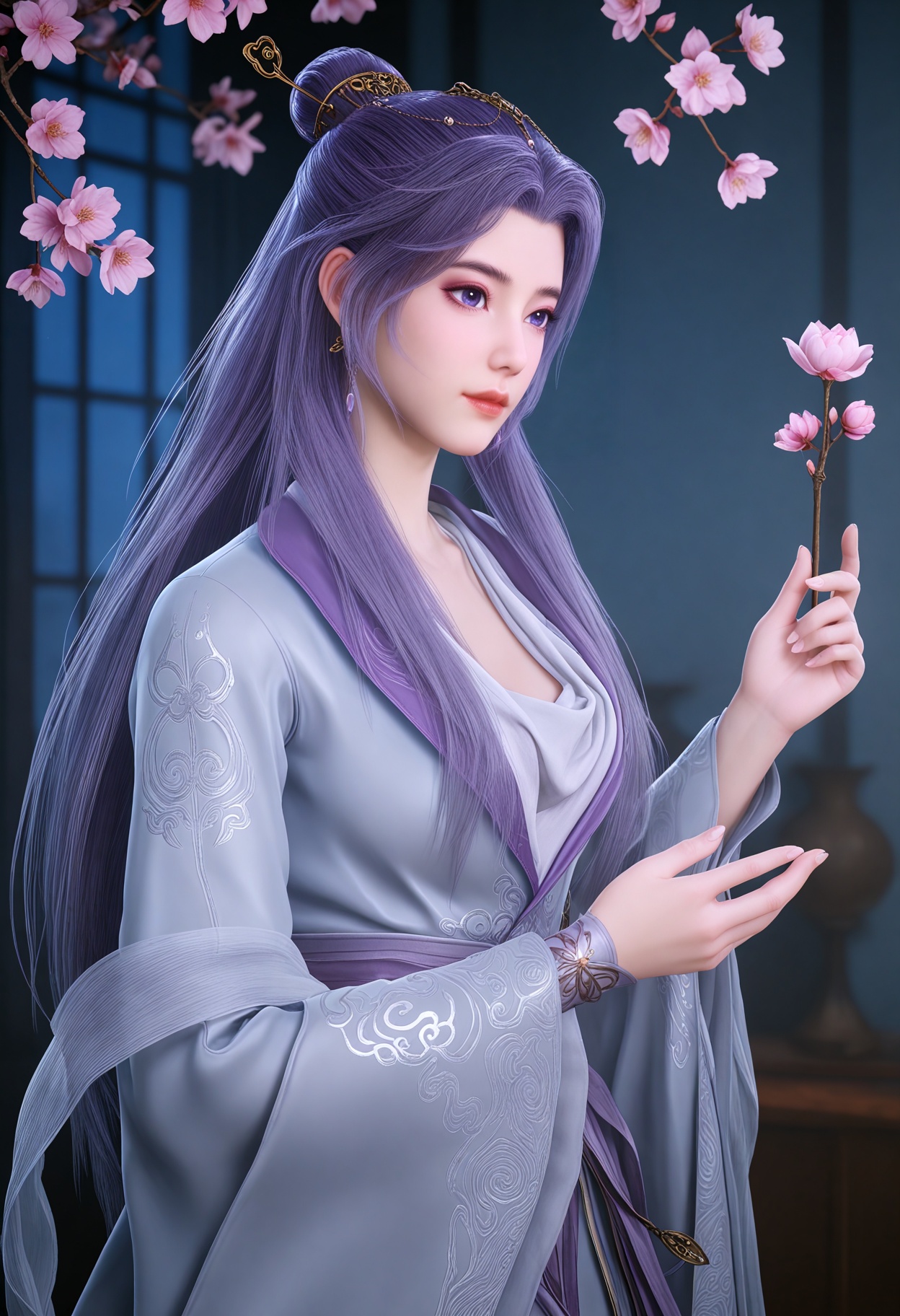 (full_body:1.1),(looking_at_viewer:1.1),(masterpiece:1.1),(best quality:1.2),(intricate details),(smog:1.3),(Dark room:1.3),(dim lighting:1.3),peach blossom,falling petals,<lora:YQ_Illustrious光辉v5_云霄仙子_V1:0.8>,(q1528437228:1.2),long_hair,solo,1girl,purple_hair,hair_ornament,purple_eyes,jewelry,earrings,realistic,dress,long_sleeves,hair_bun,chinese_clothes,hanfu,blue_eyes,hair_stick,masterpiece,(best quality),(intricate details:0.9) BREAK (intricate details:0.9),(realistic skin:1.2),masterpiece,best quality,newest,absurdres,hiahres,