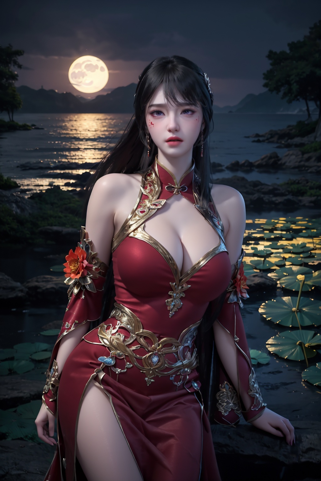 standing,dress,chinese clothes,flower,full_moon,moon,night,lily_pad,lotus,moonlight,water,night_sky,lily_\(flower\),sky,partially_submerged,1girl,solo,hair ornament,long hair,realistic,nail polish,photo_\(medium\),(breasts, medium_breasts, cleavage),makeup,(8k, RAW photo, best quality, masterpiece:1.2),(realistic, photorealistic:1.3),ultra-detailed,extremely detailed cg 8k wallpaper,(crystalstexture skin:1.2),extremely delicate and beautiful,