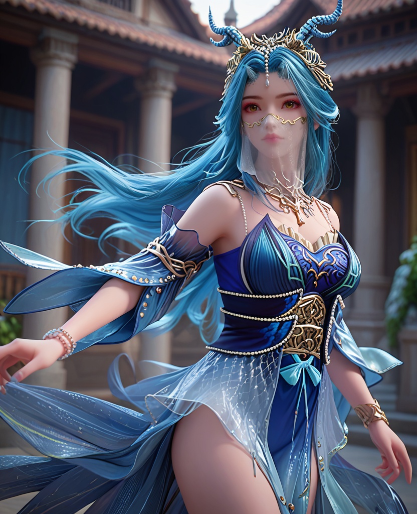 (oriental architecture, elegant decor, sophisticated style:1.1),diving from the sky,(breasts:1.2),<lora:XL完美世界龙女:0.9>,miss longnv,solo,blue dress paired with a beads tight corset,blue dress,mouth veil,detached sleeves,blue hair,horns,red eyeshadow,yellow eyes,jewelry,long hair,bracelet,see-through overskirt,necklace,, zPDXL2, score_9, score_8_up, score_7_up BREAK realistic, masterpiece,best quality, highly detailed,, zPDXL3, zPDXL2,zPDXL, zPDXLxxx, zPDXLrl,