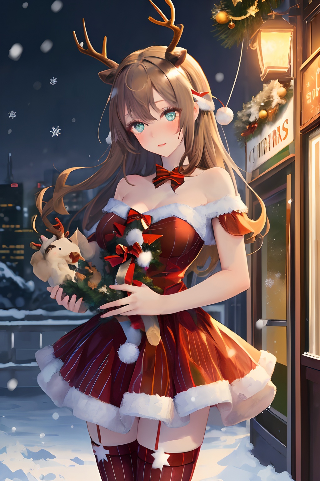 christmas dres,s1girl,christmas,bare shoulders,antlers,(cowboy shot close-up),standing,exquisite eyes,night,cityscape,snowing,striped stockings,elegant posture,(an extremely delicate and beautiful),(best quality),((masterpiece)),intricate detail,(masterpiece, high quality, best quality),<lora:christmas dress-000006:0.6>,
