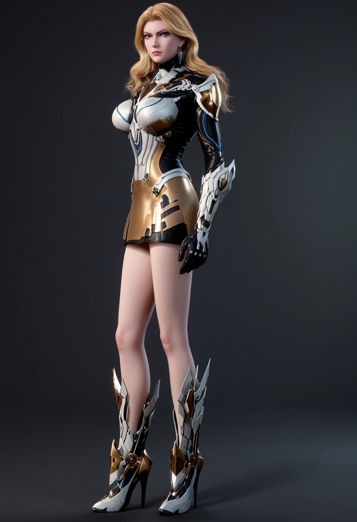 score_9,(looking at viewer:1.1),cowboy shot,simple background,pure black background,black background BREAK large breasts,weinina,1girl,solo,blonde hair,long hair,earrings,jewelry,armor,bodysuit,blue eyes,realistic,skirt,high heels,<lora:QQSponyweininaV1:0.8>,