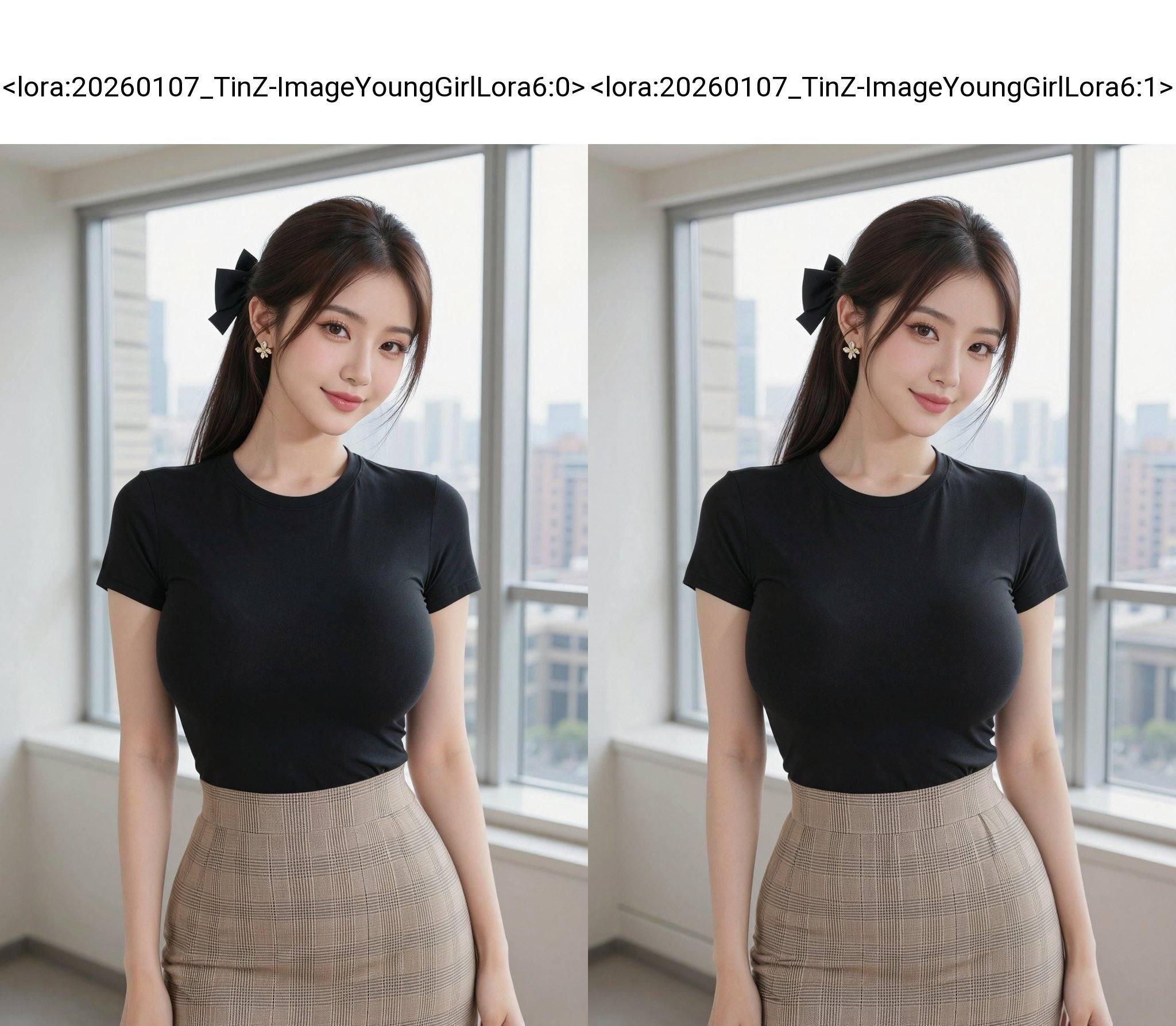 This is a high-resolution photograph of an East Asian woman with fair skin and long, straight, dark brown hair tied back with a large, black bow. She has a slim physique with a small waist and a modest bust. She is wearing a fitted, black, short-sleeve t-shirt that accentuates her figure, and a high-waisted, beige plaid skirt. Her makeup is subtle, with a natural look featuring light eyeshadow, mascara, and pink lipstick. She is looking directly at the camera with a gentle, inviting smile.The background features a large window that allows natural light to flood the room, illuminating the scene. Outside the window, there is a cityscape with tall buildings, including a skyscraper, suggesting an urban setting. The room appears to be modern and well-lit, with a clean, minimalist decor. The woman's earrings are ornate, featuring a floral design with a gold tone. The overall aesthetic of the image is clean and polished, with a focus on the subject's youthful, confident demeanor and the chic, stylish outfit she is wearing. <lora:20260107_TinZ-ImageYoungGirlLora6:0>