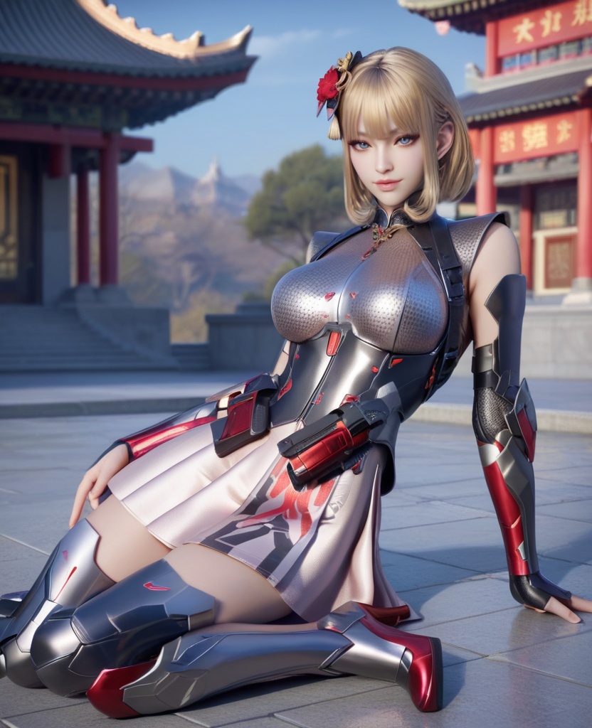 (oriental architecture, elegant decor, sophisticated style:1.1),(Lying on the ground with one leg lifted in the air,:1.1),(large breasts:1.2),<lora:XL穿越火线岚希儿灵魂舞者:0.95>,miss lanxier,chrome-fit battle top,neon pink skirt,blue eyes,blunt bangs,blonde hair,hair flower,black pauldrons,arm guards,armored high-heeled greaves,holstered,, score_9,score_8_up,score_7_up,score_6_up,score_5_up,score_4_up,3d rendering,tag1,tag2, Cinematic Lighting,backlighting,, zPDXL3, zPDXL2,zPDXL, zPDXLxxx, zPDXLrl,