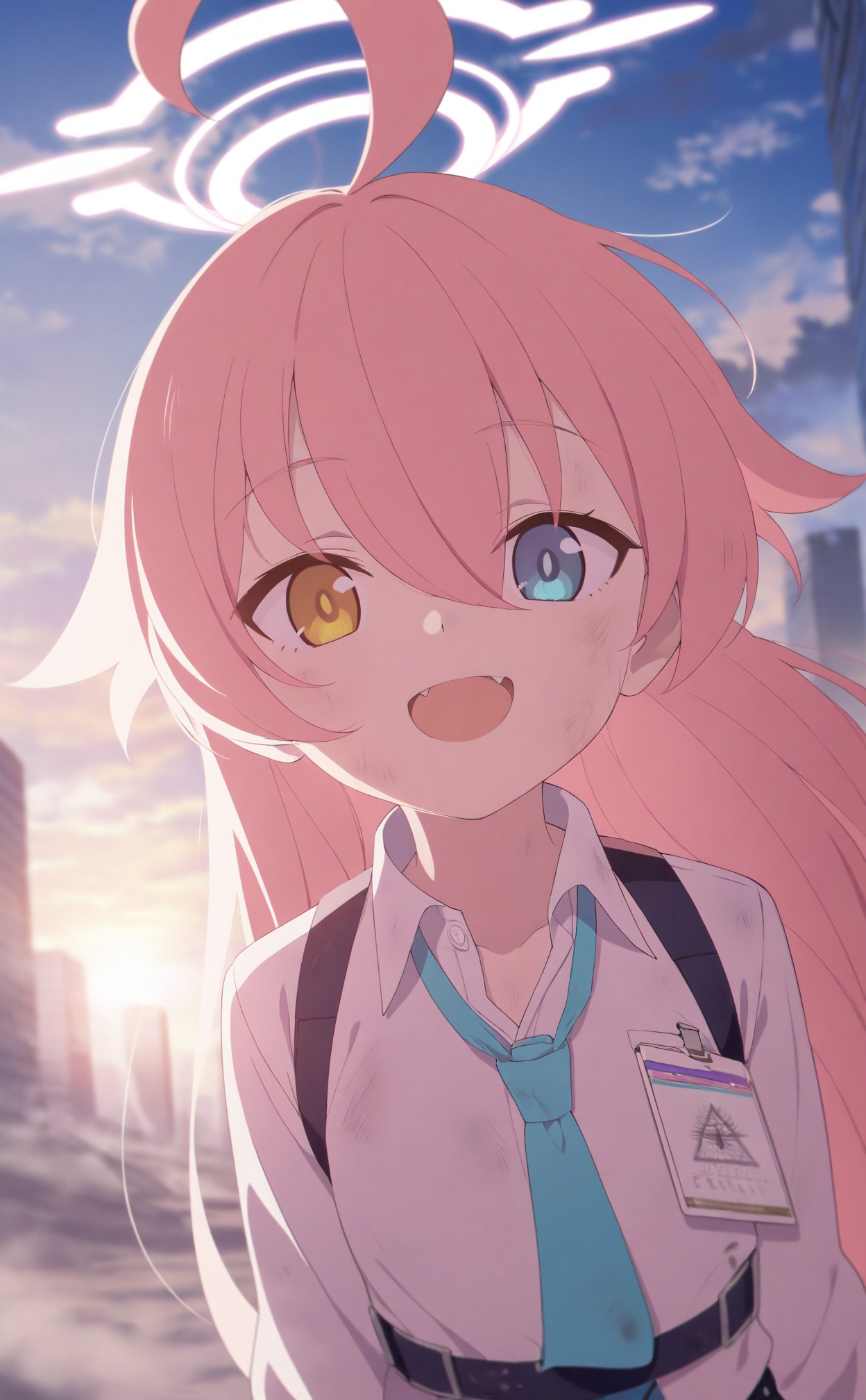 masterpiece,best quality,high quality,loli,1girl,hoshino (blue archive),heterochromia,shirt,solo,pink hair,necktie,white shirt,halo,long hair,blue eyes,fang,blue necktie,ahoge,collared shirt,building,outdoors,yellow eyes,smile,looking at viewer,id card,hair between eyes,open mouth,skyscraper,cloud,sky,upper body,pink halo,dirty,shoulder strap,cloudy sky,aqua necktie,city,dust,:d,cityscape,sunrise,harness,dirty face,skyline,blurry,strap,chest harness,sunlight,<lora:BA3——【Illustrious】hans:0.88>,