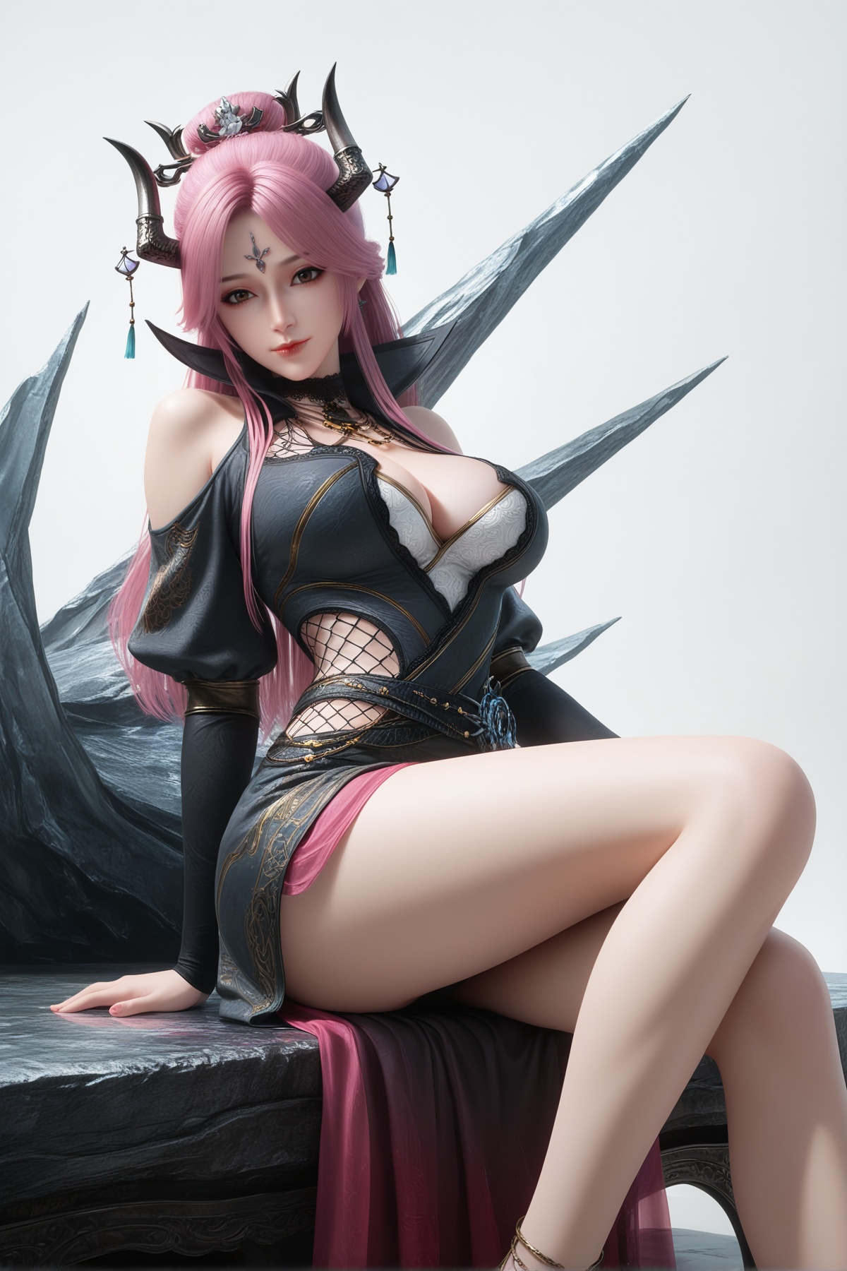 masterpiece,best quality,realistic,cinematic,detail eyes,(ultra-detailed),perfect composition,intricate details,absurdres,detailed face,high quality,high res,8K,<lora:X_manluo_IL3.0:0.8>,pink hair,brown eyes,forehead mark,horns,1girl,long hair,breast,hair_ornament,dress,bare_legs,sitting,simple background,white_background,bed,looking_at_viewer,big breasts,cleavage,