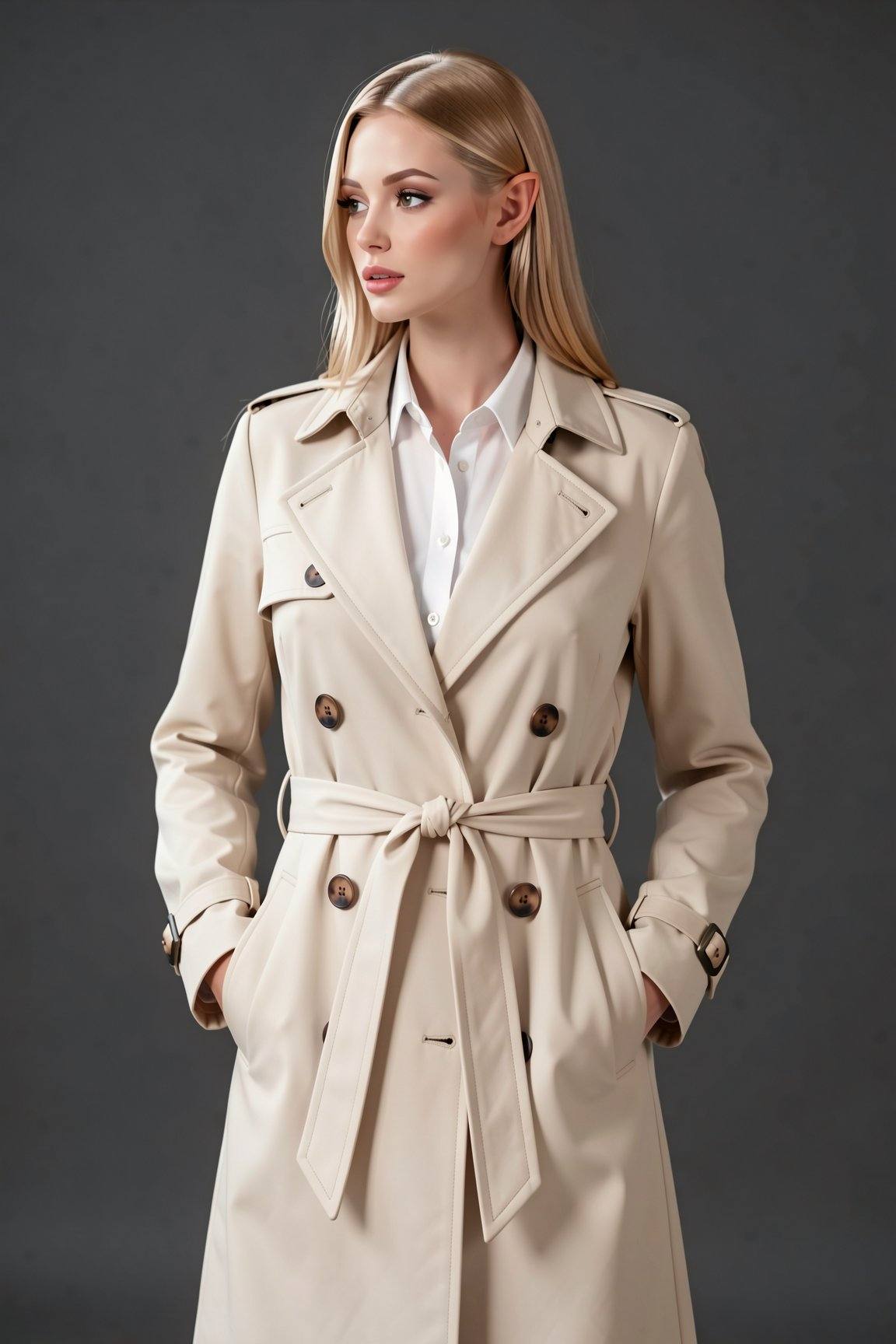 3lfn0sixmedium shot,  photo of a woman,  Cream-colored trench coat tied at the waist on Tensor.Art