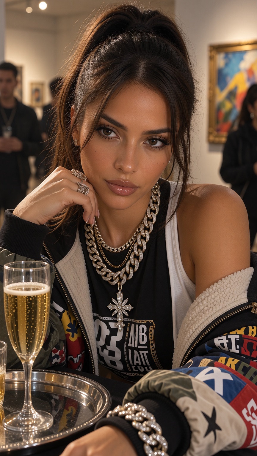 ChiaraX,  long dark brown hair tied in a high ponytail with center-parted face-framing strands,  ***** women with a mature...