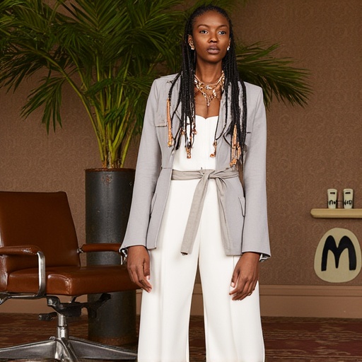 A young woman with dark brown skin is standing in a room with brown patterned wallpaper. The woman is wearing white pants...