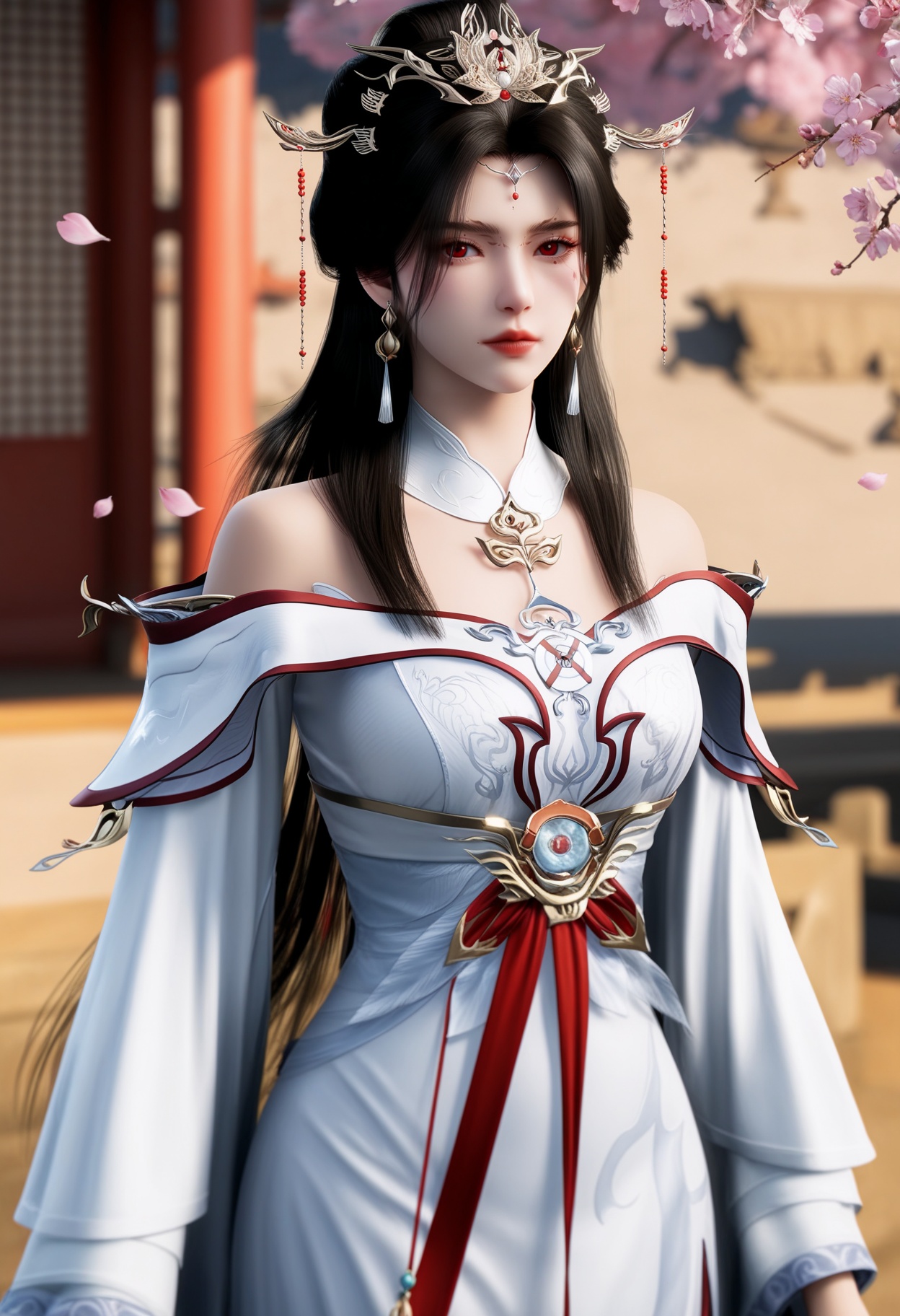 masterpiece,best quality,amazing quality,very aesthetic,high resolution,ultra-detailed,absurdres,scenery,photorealistic,(looking at viewer:1.1),upper body,(moody lighting:1.1),peach blossom,falling petals,(large breasts:0.8),yaoxixue,1girl,solo,long hair,black hair,jewelry,hair ornament,earrings,dress,bare shoulders,white dress,closed mouth,red eyes,tiara,facial mark,long sleeves,detached collar,forehead mark,hair bun,white footwear BREAK photorealistic details,<lora:QQSillyaoxixueV1:0.8>,