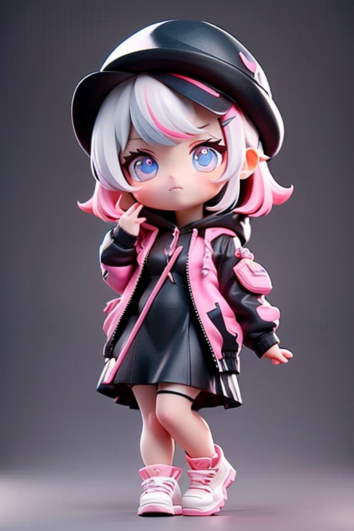 best quality, masterpiece, 3D, C4D, 1girl, solo, looking at viewer, blush, full body, bangs, dress, jacket, pink hair, chibi, white hair, multicolored hair, pink eyes, virtual youtuber, medium hair, black footwear, white headwear, black dress