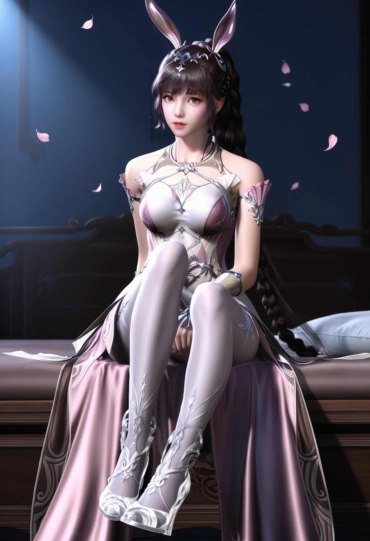 masterpiece,best quality,amazing quality,high resolution,ultra-detailed,absurdres,(looking at viewer:1.1),(Dark room:1.3),(moody lighting:1.1),peach blossom,falling petals BREAK large breasts,xiaowu,1girl,solo,brown hair,long hair,brown eyes,dress,rabbit ears,ponytail,hair ornament,pink dress,metal collar,necklace,realistic,bare shoulders,jewelry,braid,collar,high heels,foot focus BREAK photorealistic details,<lora:QQSillxiaowuV1:0.8>,