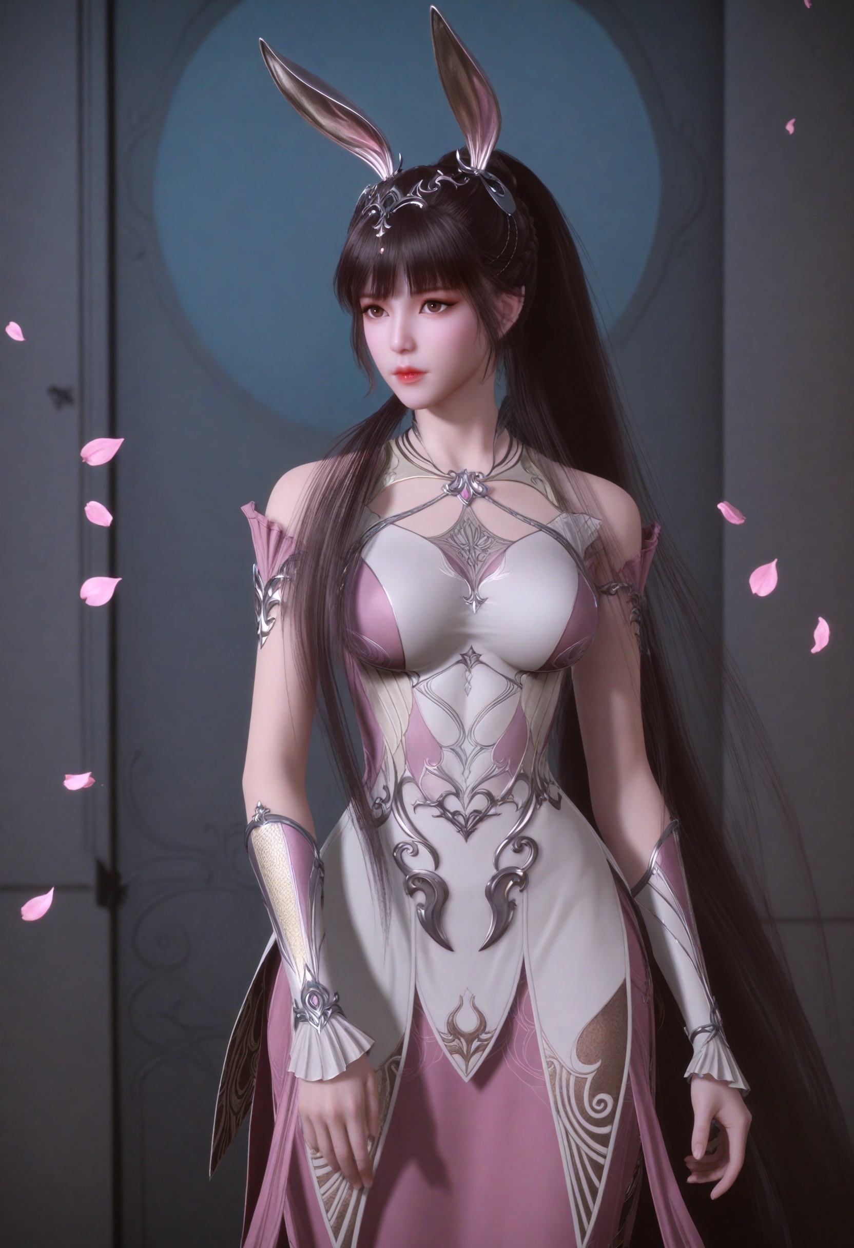 (cowboy shot:1.2),(gigantic breasts:0.6),(slender:1.3),(looking_at_viewer:1.1),(masterpiece:1.1),(best quality:1.2),(intricate details),dim lighting,(smog:1.3),(Dark room:1.3),(dim lighting:1.3),peach blossom,falling petals,<lora:YQ_li光辉v5_小舞_V1:0.8>,q1528437228,1girl,solo,dress,long hair,rabbit ears,animal ears,ponytail,brown hair,hair ornament,pink dress,black hair,jewelry,bare shoulders,metal collar,necklace,braid,collar,high heels,brown eyes,masterpiece,(best quality),(intricate details:0.9) BREAK masterpiece,(best quality),(intricate details:0.9),(realistic skin:1.2),
