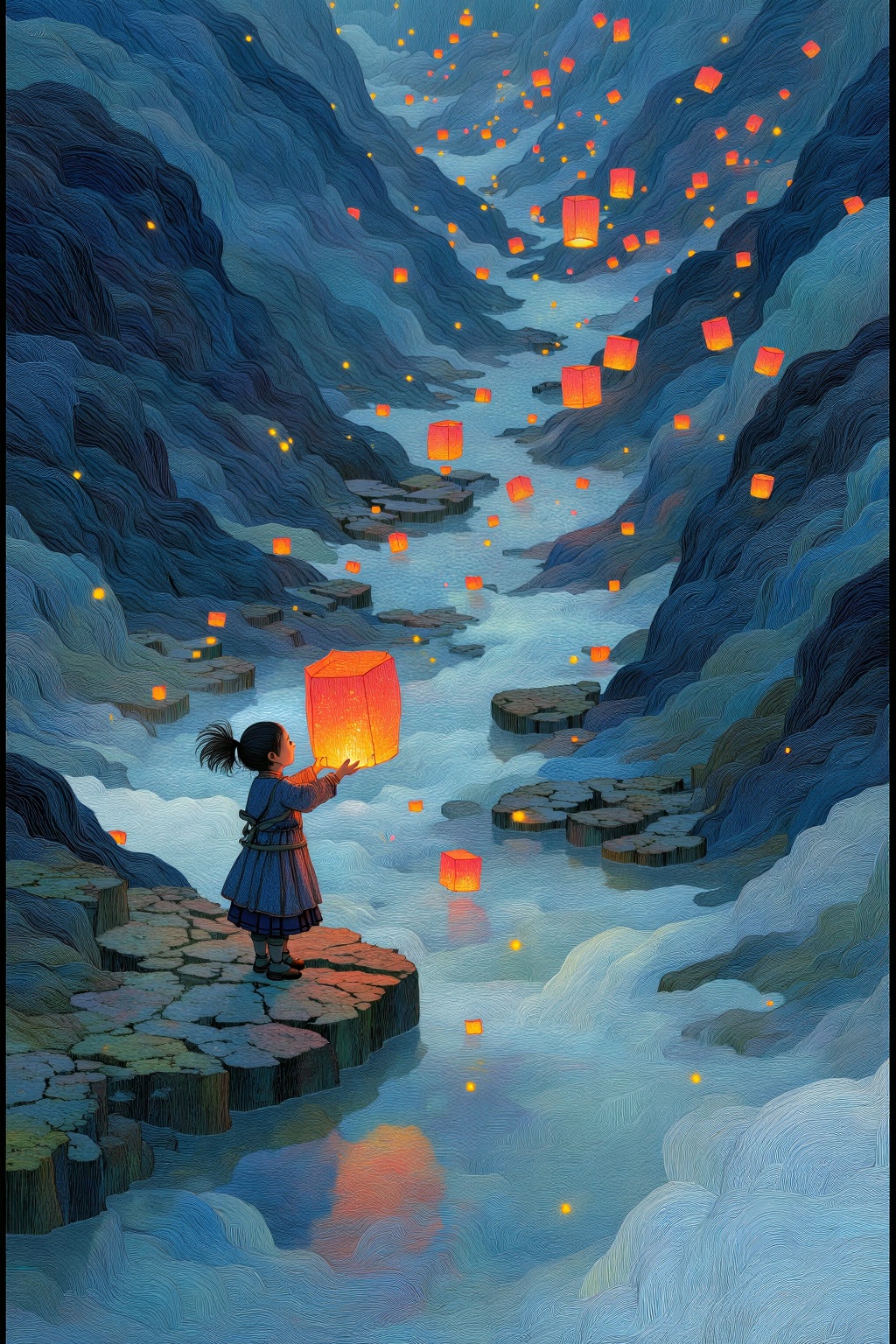 beijihui,a young girl releasing sky lanterns over a misty river, soft flowing energy, intricate fine lines, dreamy zen atmosphere