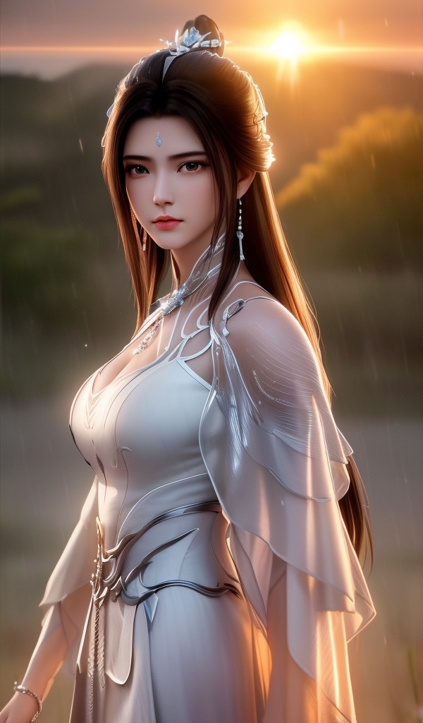 <lora:611-DA-诛仙-陆雪琪-V3:0.8>(,1girl, ,best quality, ),looking at viewer,  ,,ultra detailed 8k cg, ultra detailed background ,ultra realistic 8k cg,          cinematic lighting, cinematic bloom, (( , )),,  , unreal, science fiction,  luxury, jewelry, diamond, pearl, gem, sapphire, ruby, emerald, intricate detail, delicate pattern, charming, alluring, seductive, erotic, enchanting, hair ornament, necklace, earrings, bracelet, armlet,halo,masterpiece, (( , )),, realistic,science fiction,mole,   ,cherry blossoms,,(((Best quality, masterpiece, ultra high res, (photorealistic:1.4), raw photo, 1girl, ,rain, , sunlight, sunset, qianqiu wanxia,     )))  (cleavage), (),