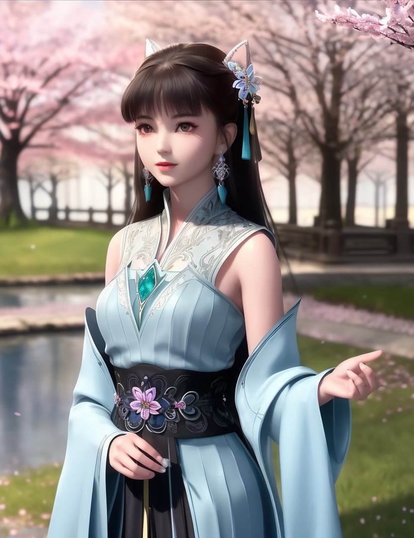 ultra realistic 8k cg, picture-perfect face, flawless, clean, masterpiece, professional artwork, famous artwork, cinematic lighting, cinematic bloom, perfect face, beautiful face, fantasy, dreamlike, unreal, science fiction,  beautiful clothes, lace, lace trim, lace-trimmed legwear,  (rich:1.4), prestige, luxury, jewelry, diamond, gold, pearl, gem, sapphire, ruby, emerald, intricate detail, delicate pattern, charming, alluring, seductive, erotic, enchanting, hair ornament, necklace, earrings, bracelet, armlet,halo((,1girl, ,))(((,teenage, cherry blossoms, 1girl, tree, spring_\(season\), solo, black_hair,chinese clothes,looking at viewer, upper body, ))) <lora:DA_LanLingEr:0.6>