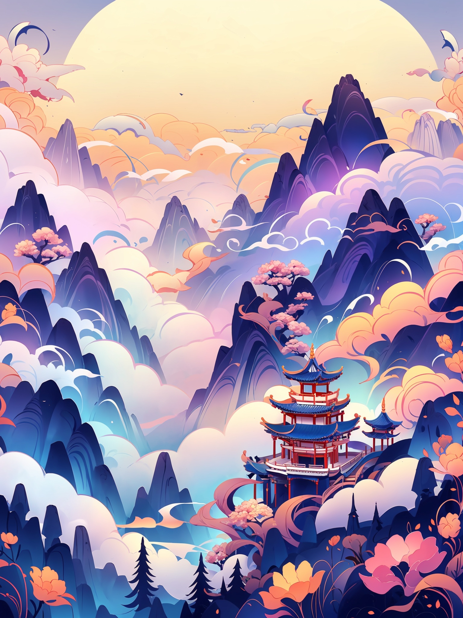 HTTP, east asian architecture, architecture, cloud, mountain, chinese dress, moon, petals, long hair, wide sleeves<lora:HTTP_20231215133304-000012:1>