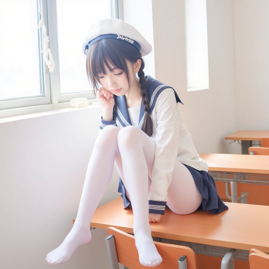 yuzu,A girl sitting in a classroom,wearing a sailor suit and white silk stockings.,