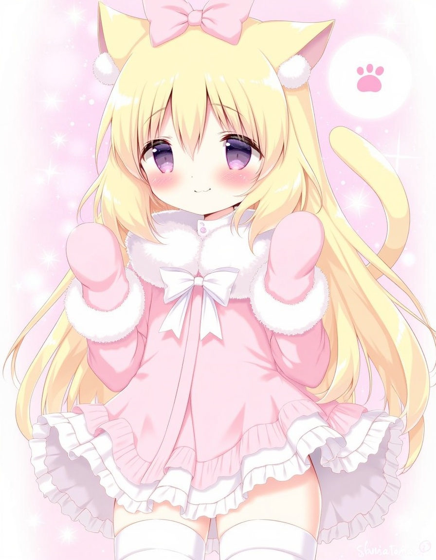shiratama_(shiratamaco), commentary_request, 1girl, :d, animal_ear_fluff, animal_ears, blonde_hair, blush, bow, cat_ears, cat_girl, cat_tail, coat, fang, frilled_thighhighs, frills, fur-trimmed_sleeves, fur_trim, hair_between_eyes, hair_bow, long_hair, long_sleeves, looking_at_viewer, mittens, one_side_up, pink_bow, pink_coat, pink_mittens, purple_eyes, smile, snowflakes, solo, tail, thighhighs, transparent, very_long_hair, white_thighhighs, , original, year_2023,, <lora:flux-Shiratamaco-000008:1>