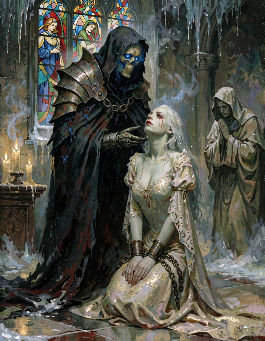 In a cathedral frozen by an eternal winter’s breath,  where stained glass windows bleed fractured hues of crimson and sapp...