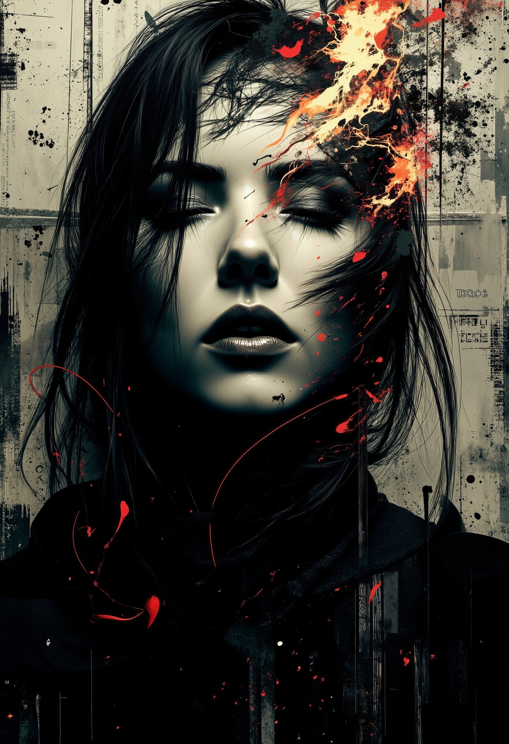 bo-abyss,  surreal goth horror,  illustration A surreal portrait where floating patterns and glowing highlights move aroun...