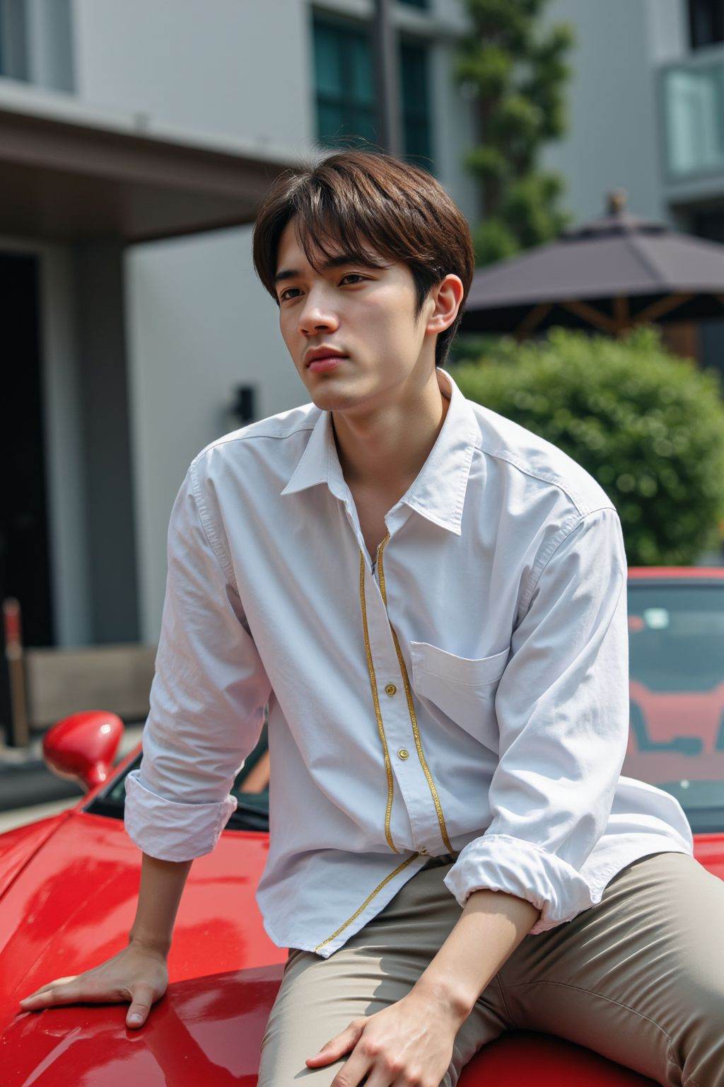 HDR photo of cinematic film still This is a photograph of a young Asian man with fair skin and short hair. He is seated on the hood of a red sports car in a luxurious urban setting. He wears a white gold-accented shirt. The background features modern architecture with large windows, greenery, and an umbrella. The image is crisp, with vibrant colors and a glamorous, high-fashion aesthetic. . shallow depth of field, vignette, highly detailed, high budget, bokeh, cinemascope, moody, epic, gorgeous, film grain, grainy . High dynamic range, vivid, rich details, clear shadows and highlights, realistic, intense, enhanced contrast, highly detailed