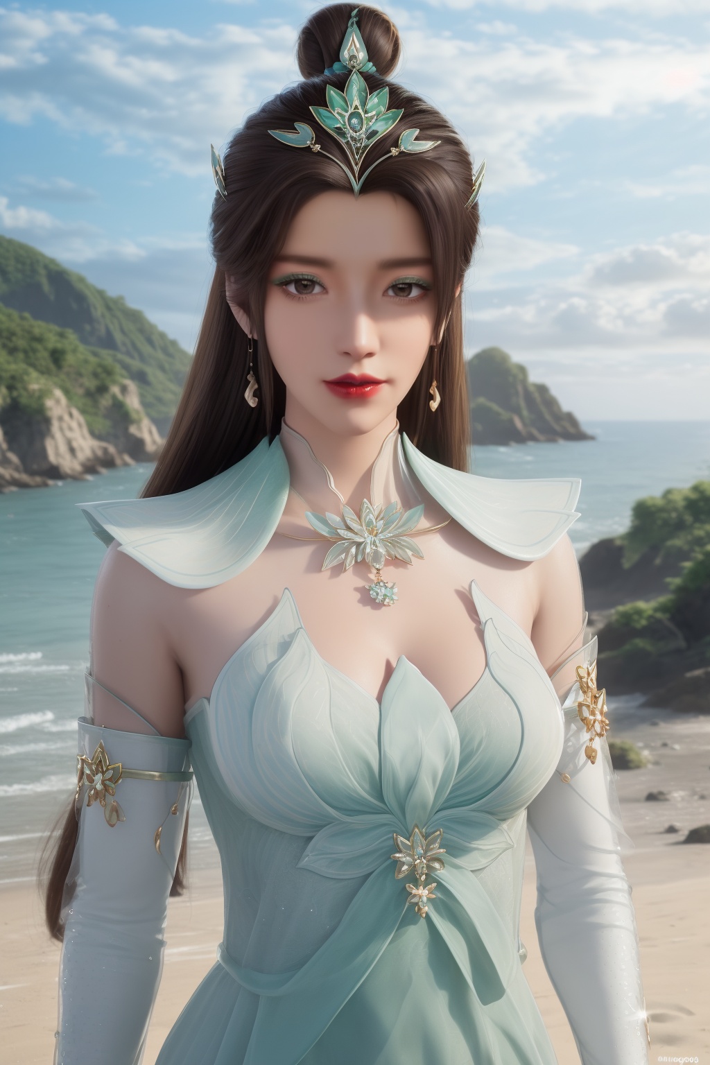 photo_\(medium\),(8k, RAW photo, best_quality),(masterpiece:1.2),(realistic:1.2),(photorealistic:1.3),(ultra-detailed),(extremely_detailed_cg_8k_wallpaper),(crystal_texture_skin:1.3),(shiny:1.2),(shiny_skin:1.4),(extremely_delicate_and_beautiful),shenfengYanRuYu,1girl,solo,detached sleeves,green dress,torogao,bouncing breasts,hair bun,standing,jewelry,hair ornament,earrings,red lips,necklace,realistic,looking at viewer,green theme,summer,beach,sea,sunshine,<lora:shenfengYanRuYu_20240525103110-000005:0.7>,